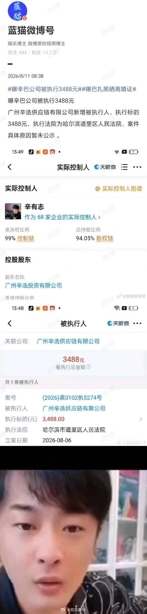 曝辛巴公司被执行3488元作为头部电商主播辛巴（辛有志）实控的企业，广州辛选供应