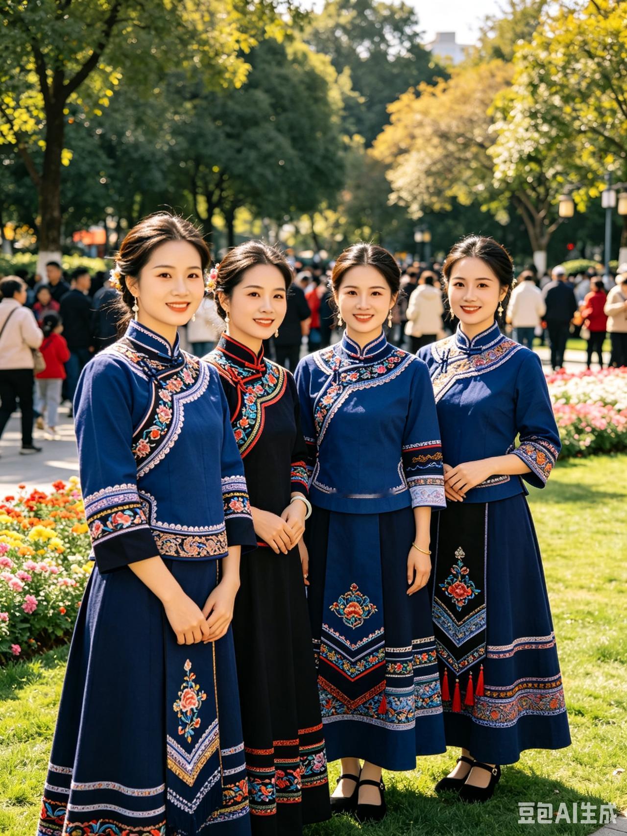 四位同款民族服饰美女站在草坪上，模样清秀耐看，路过的人全都停下脚步盯着看，个个挪