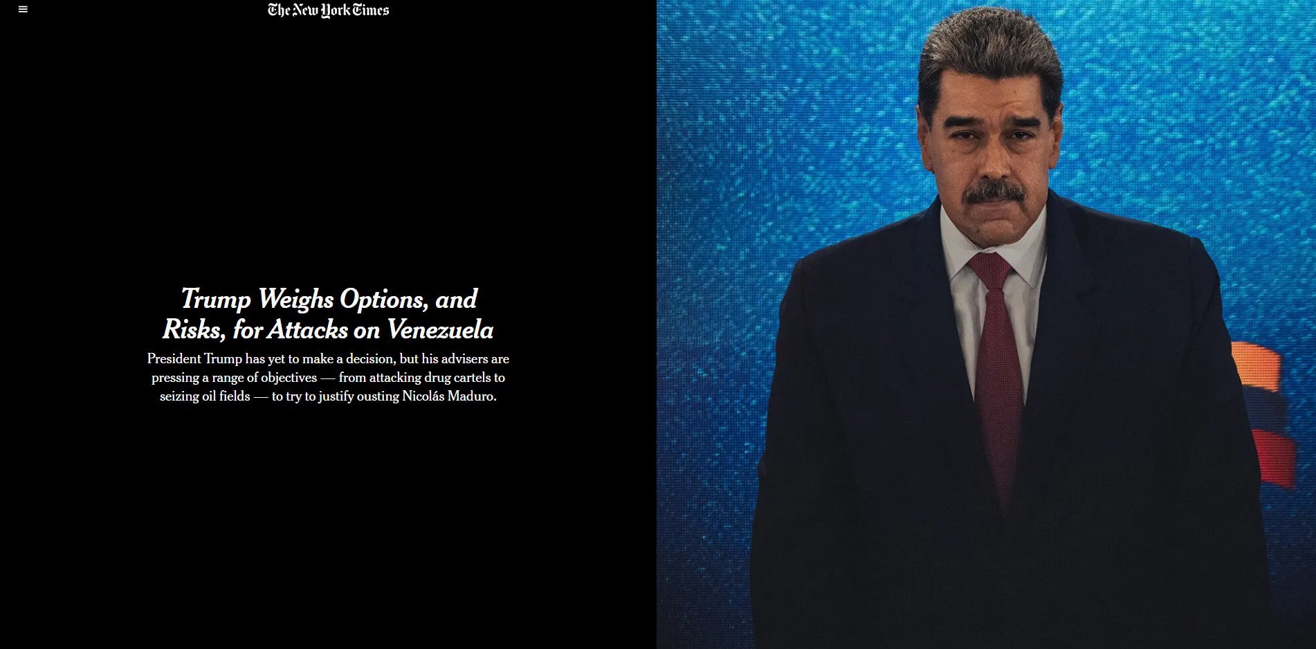 《纽约时报》: 特朗普政府正考虑对委内瑞拉总统马杜罗采取一系列军事入侵行动，包括