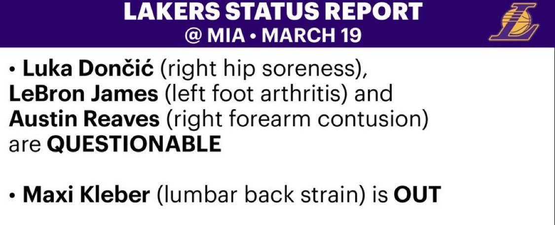 詹姆斯（脚部伤势）、东契奇（臀部伤势）和里夫斯（前臂伤势）今天对阵热火队的比赛均