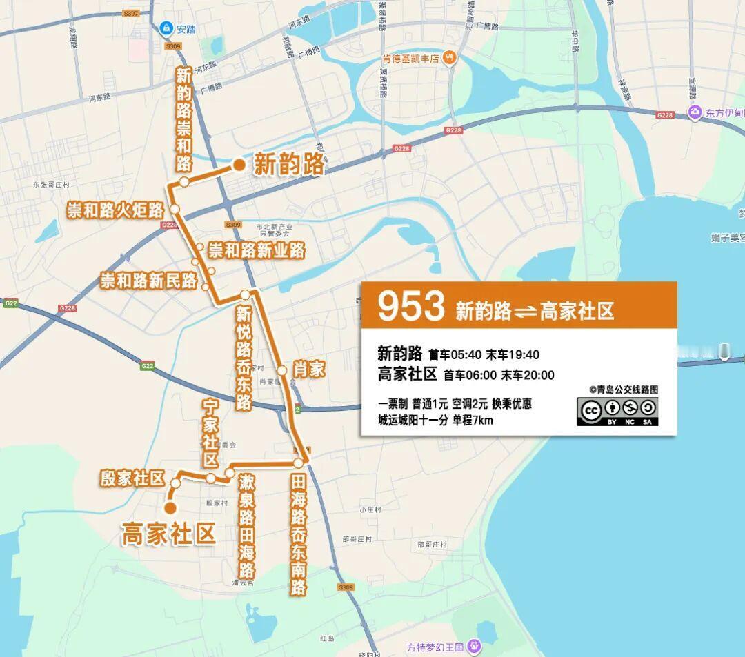 自2026年6月2日起，青岛城运控股开通953路公交线路，由新韵路至红岛高家社区