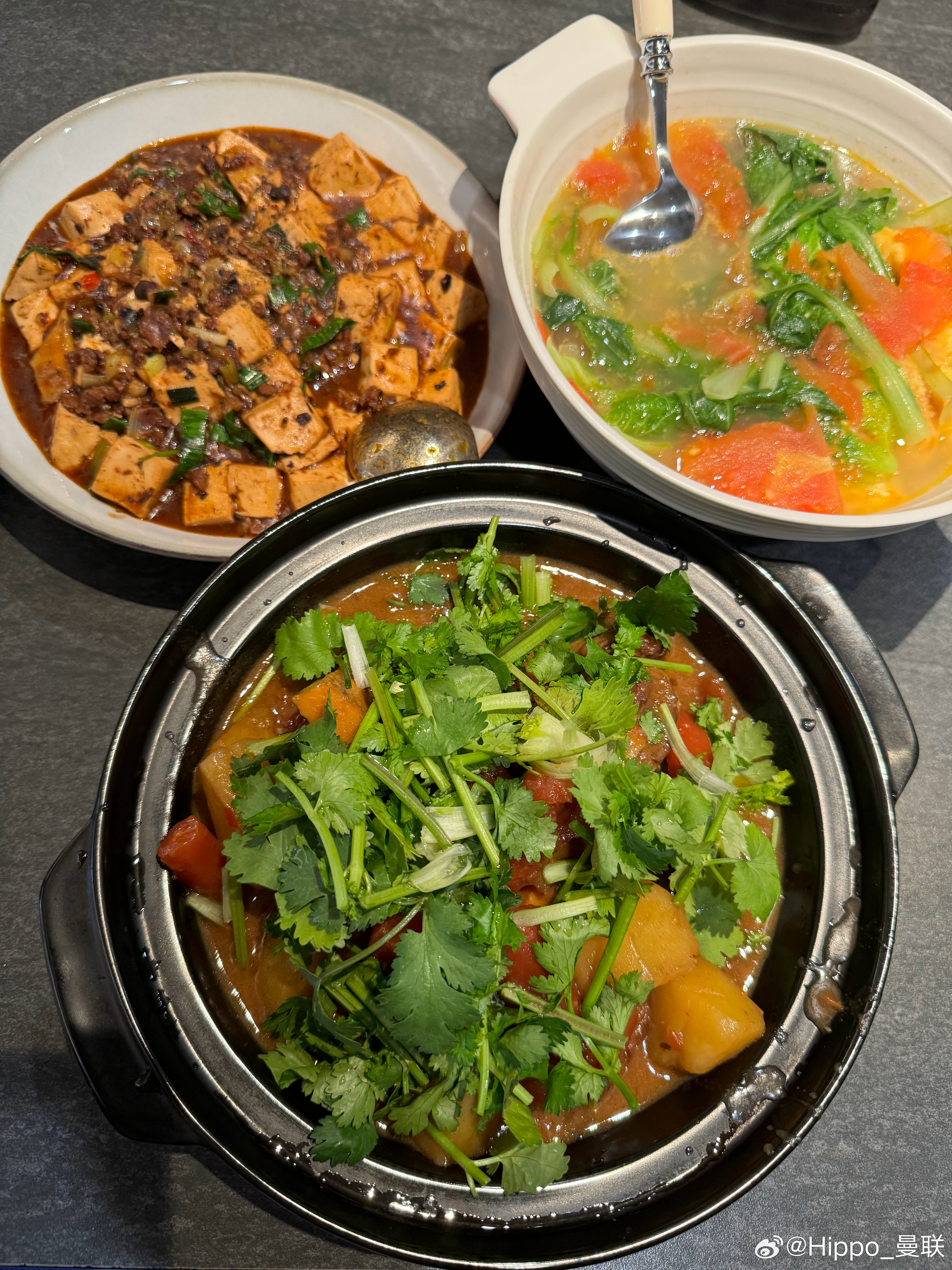 阿姨回来了，两菜一汤够了。 