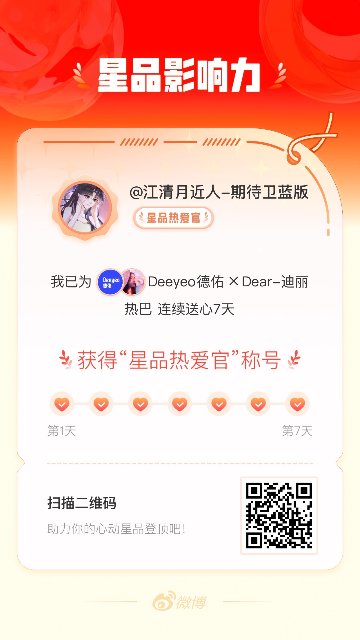 我在星品影响力上为 X 连续送心7天，获得“星品热爱官”称号！快来一起pick你