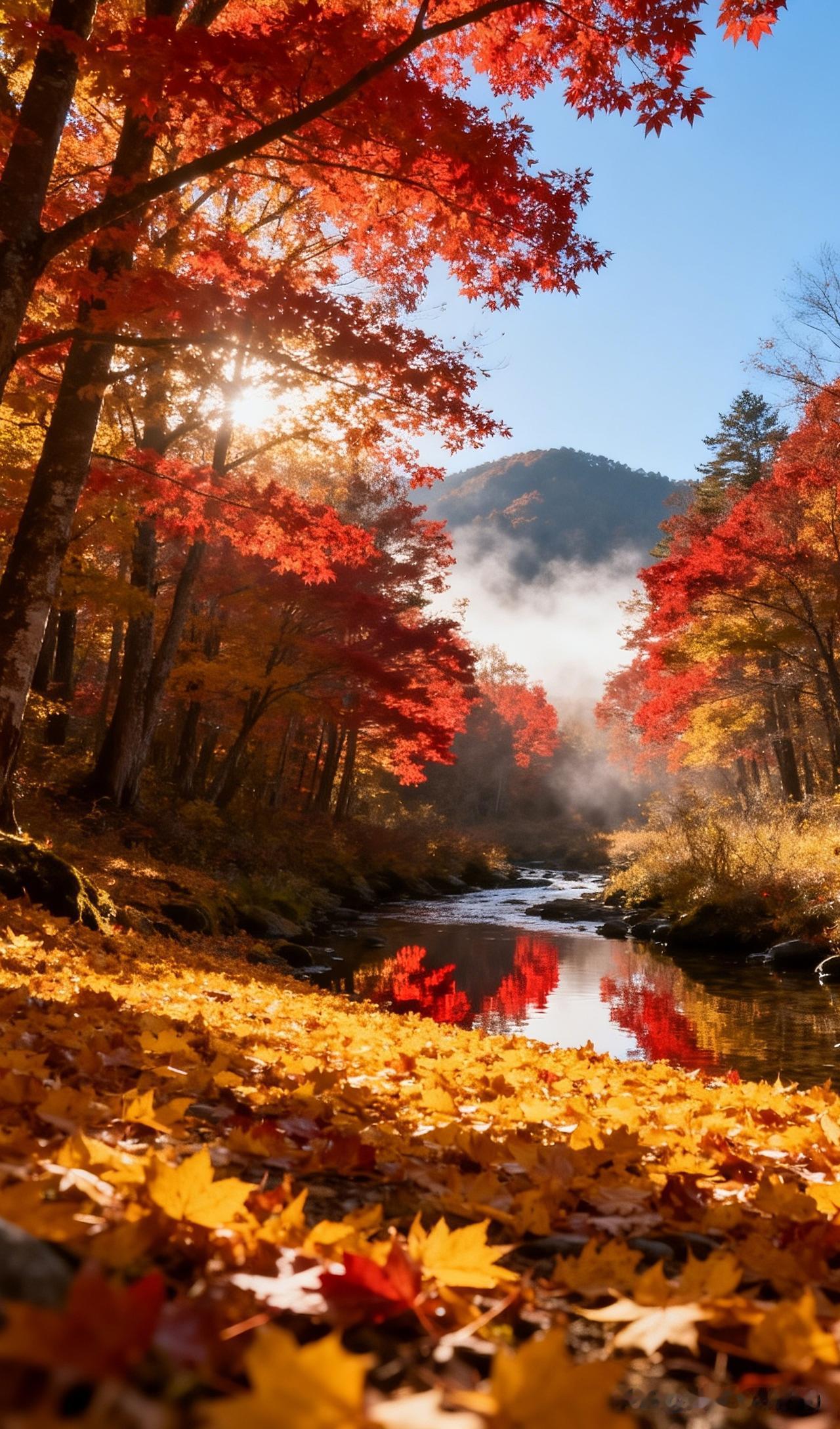 《秋天》

秋山染尽叶纷飞，
霜色平分暮色微。
雁影横斜云外去，
空庭犹待故人归