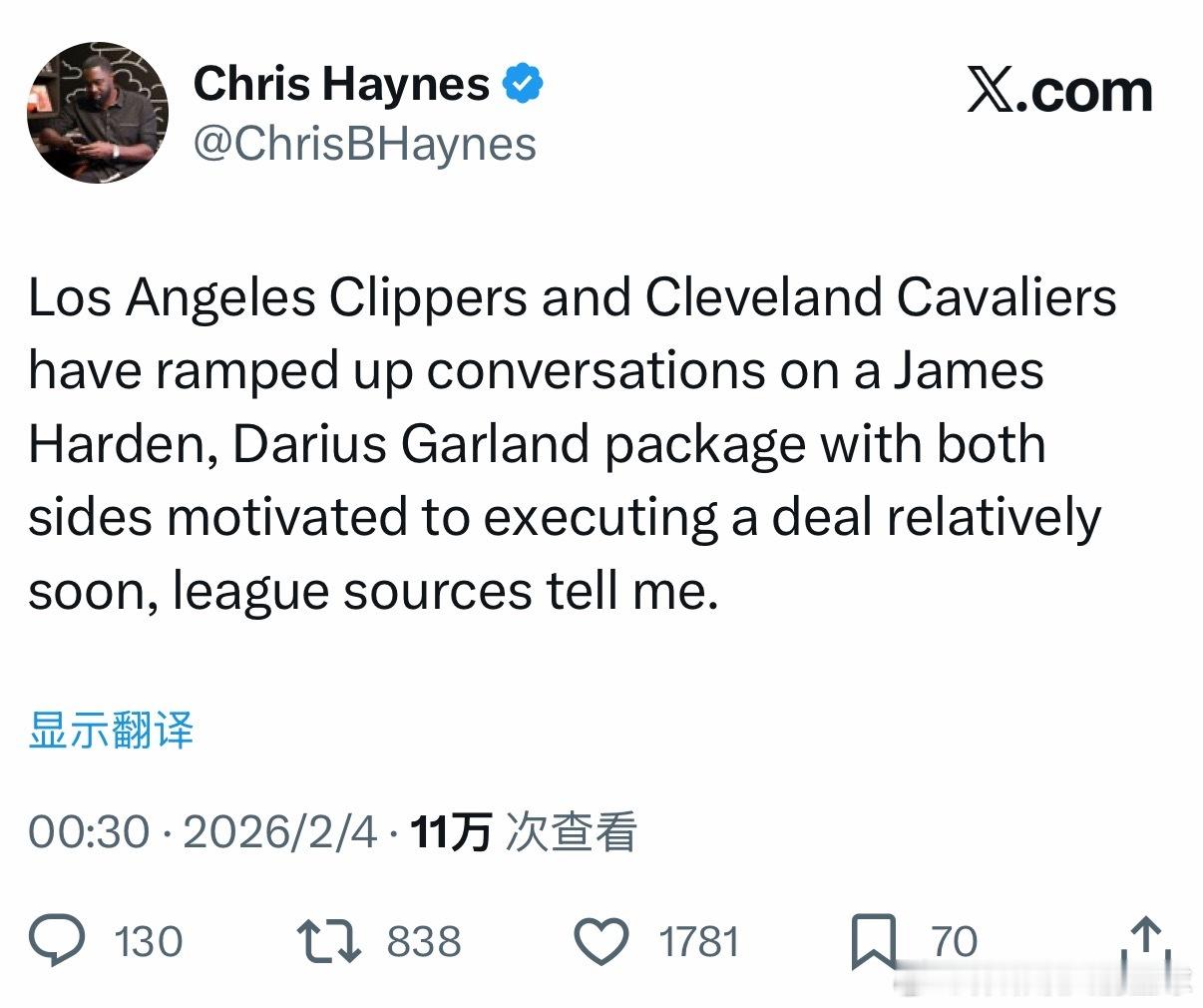 据Chris Haynes报道，据联盟消息人士透露，洛杉矶快船队和克利夫兰骑士队