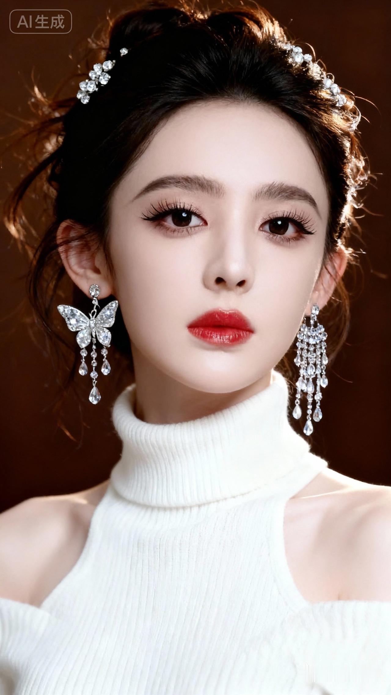 优雅白衣少女，闪耀蝴蝶耳环，梦幻氛围照。