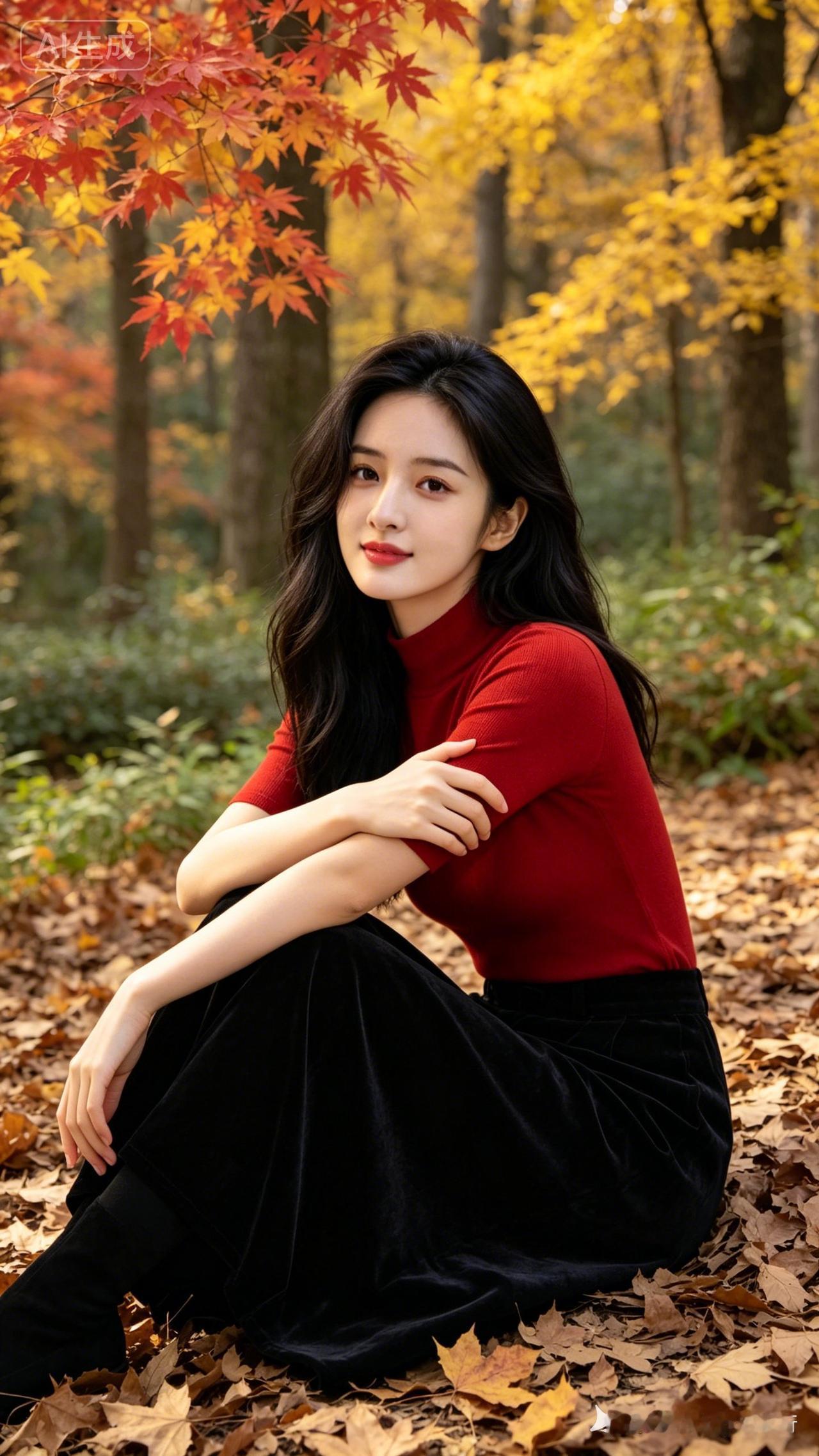 年轻女子留黑色中长发，身着红色半高领短袖针织衫与黑丝绒长裙，侧身坐于秋日枯叶林地