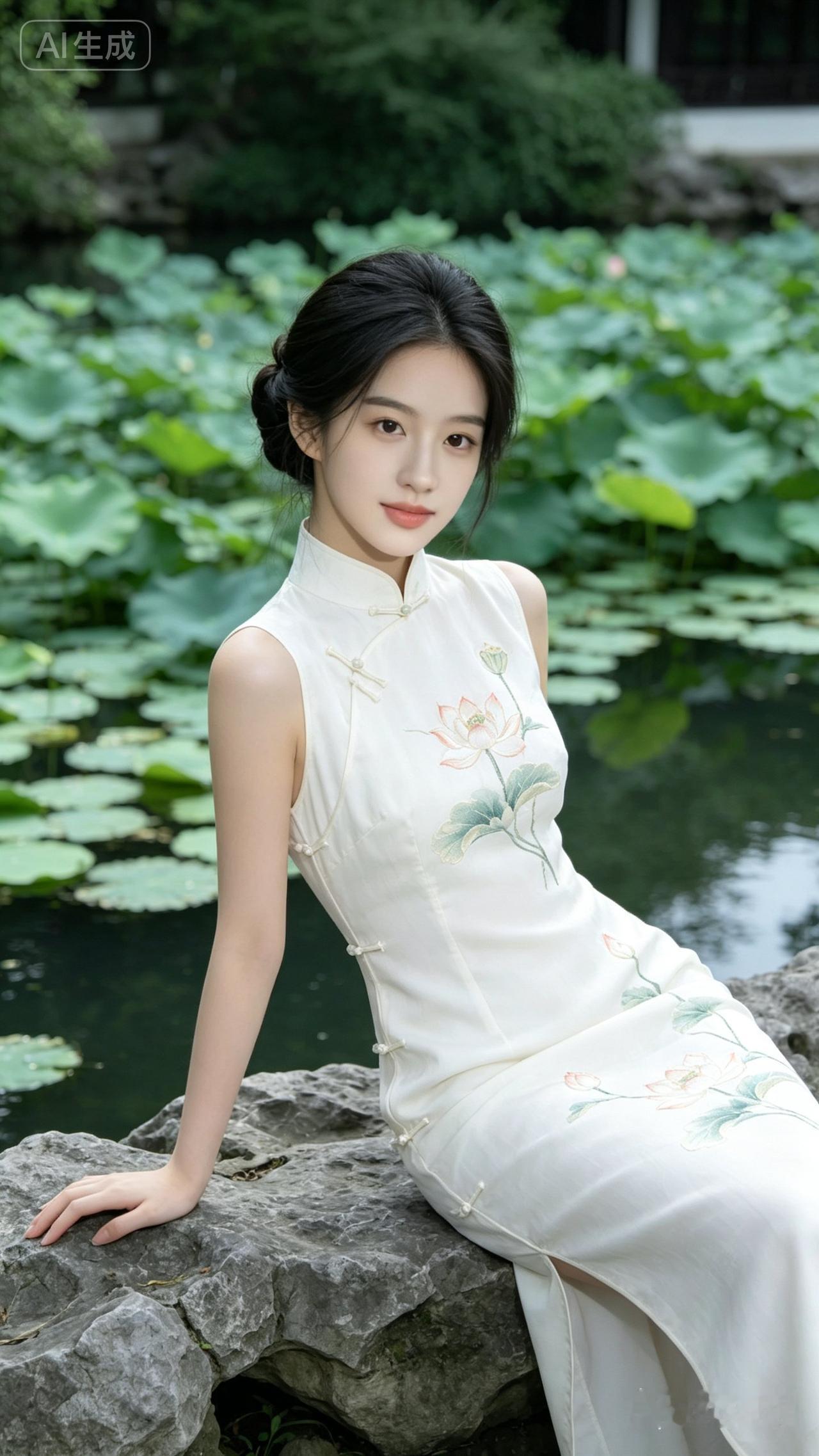 东方古典韵味，白衣少女与荷塘相映成趣