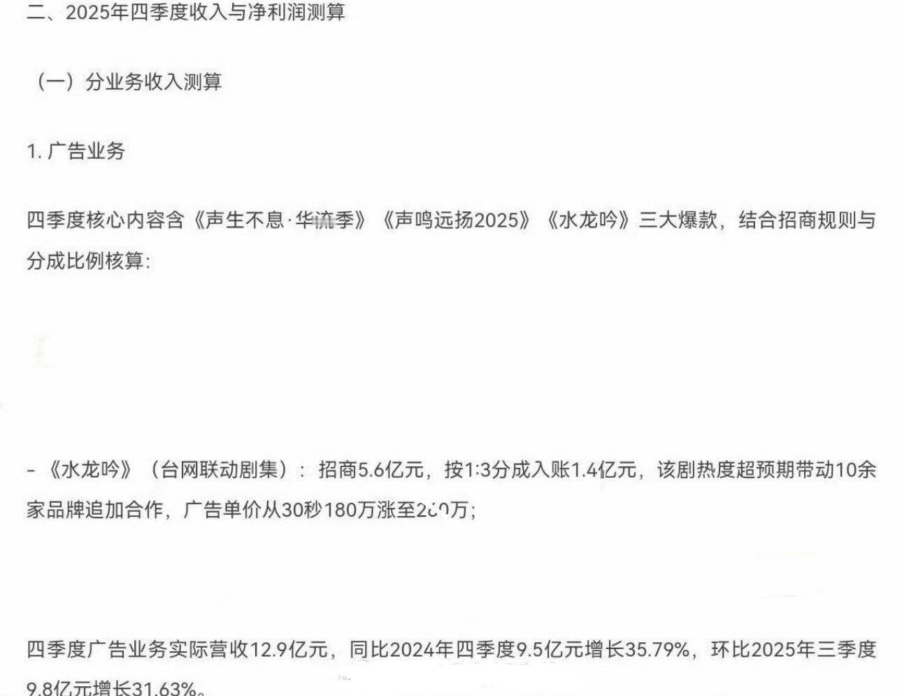 芒果四季度《水龙吟》招商5.6亿该剧热度超预期带动10余家品牌追加合作，广告单价