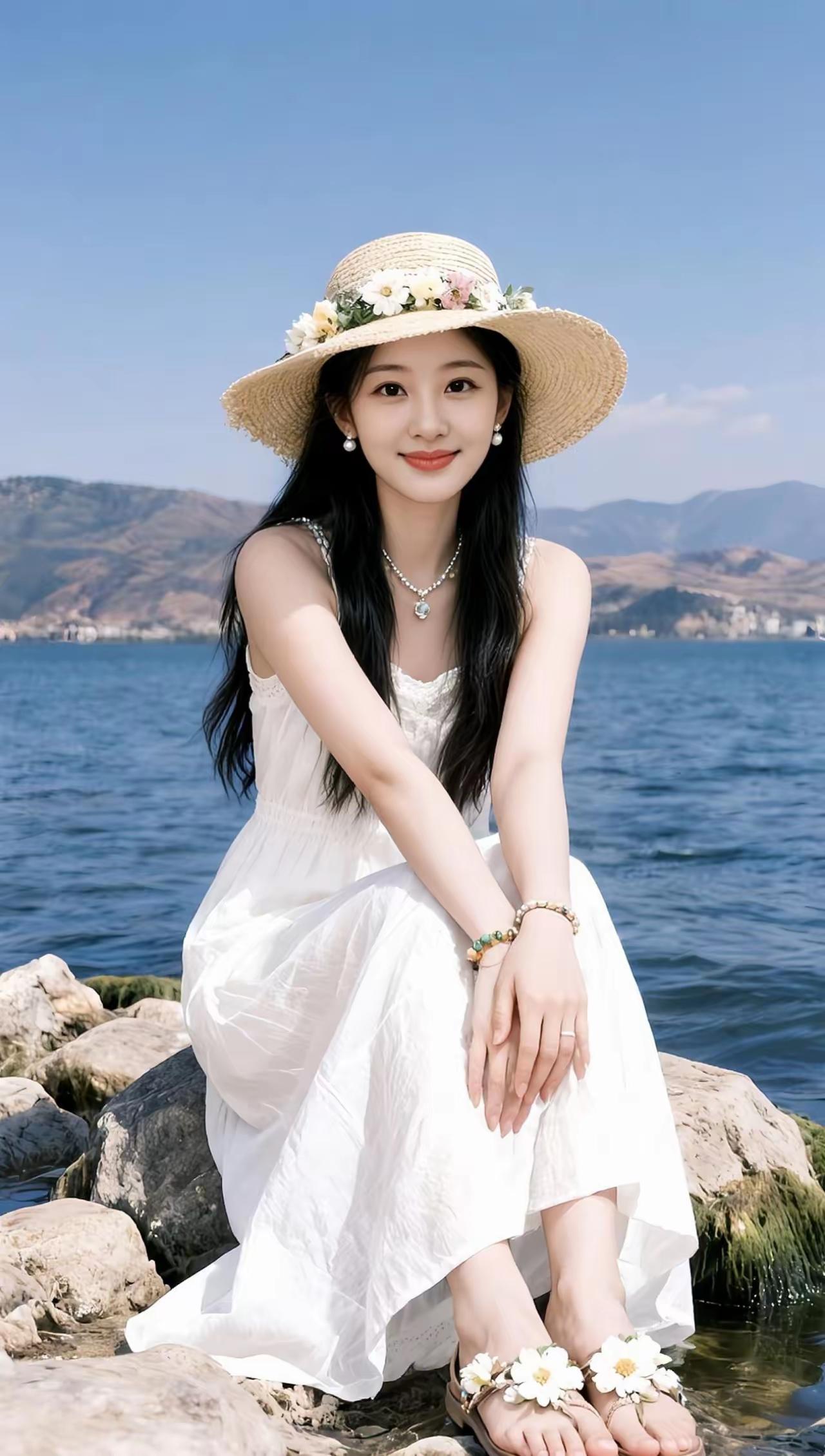 夏日海边度假，白色连衣裙与草帽的完美搭配，享受阳光与海风。