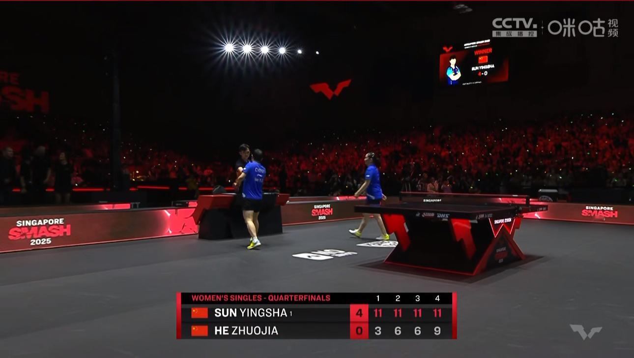 孙颖莎4比0何卓佳晋级WTT新加坡大满贯女单四强 