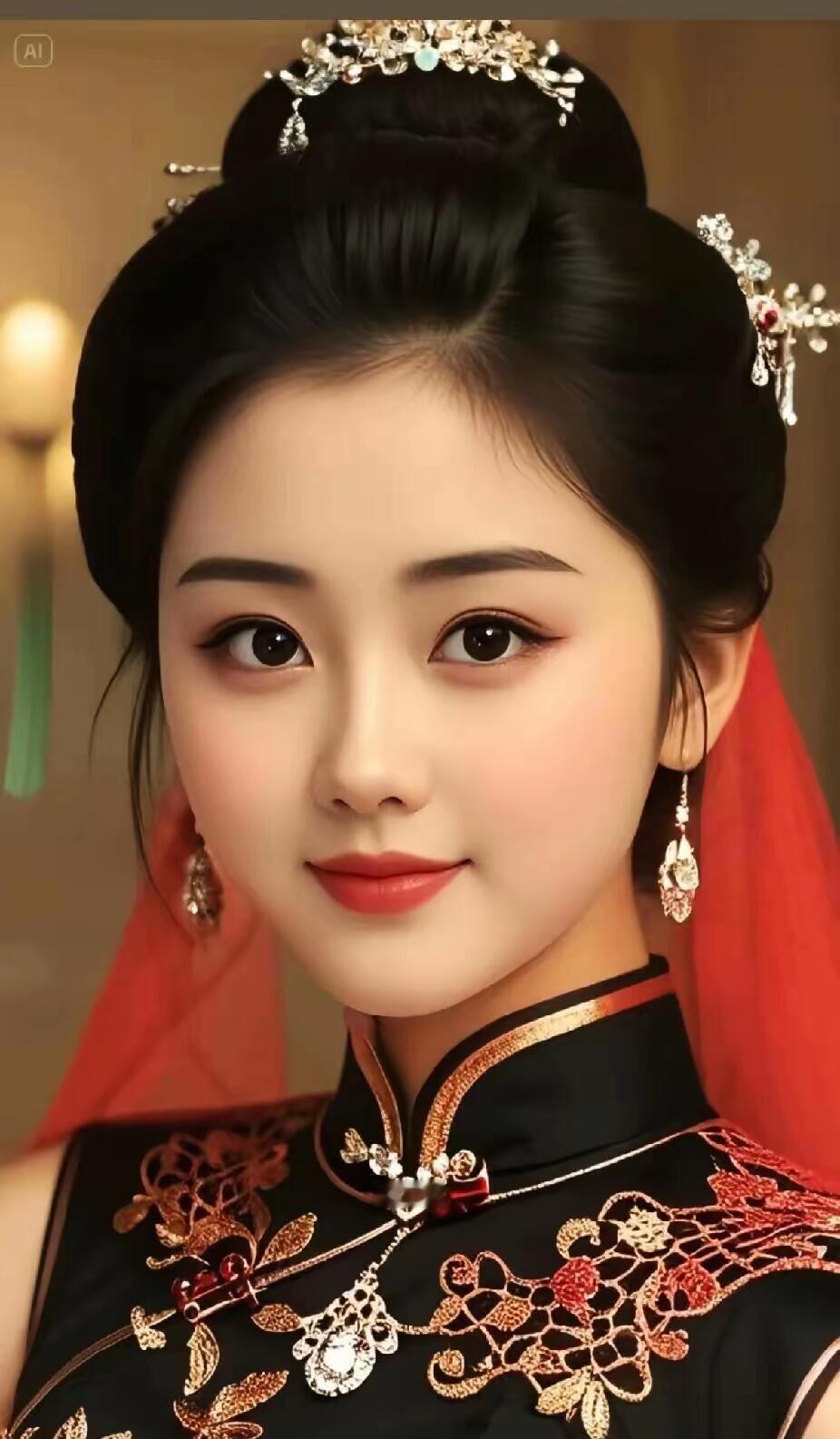 惊艳的古典新娘造型，红衣黑裙，头戴华美发饰，尽显东方古典美！