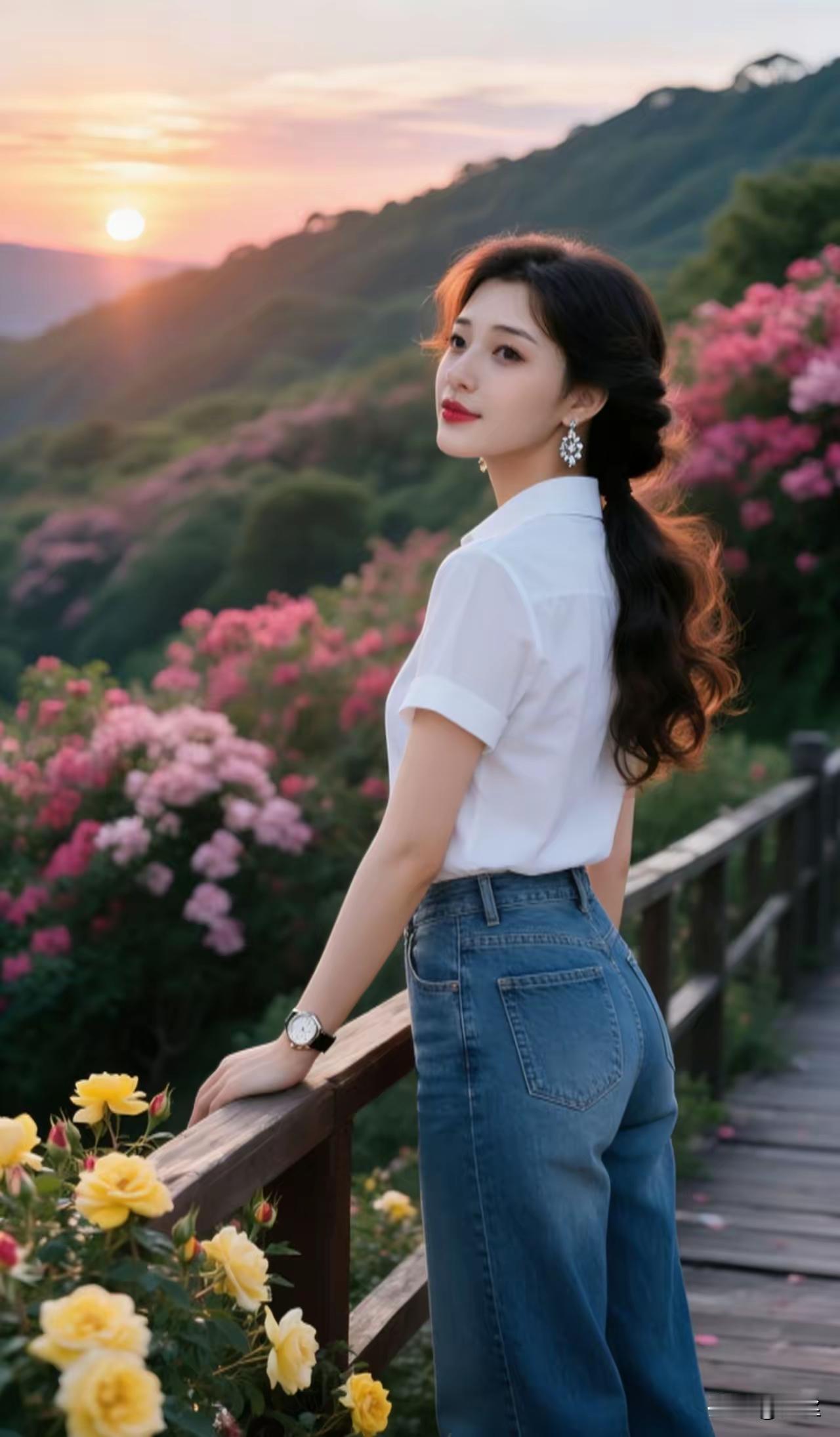 塞鸿秋·晚径晴凭
残阳衔岫霞光漾，
花径堆云晚风香。
素衣凝雪临风傍，
云鬟轻挽