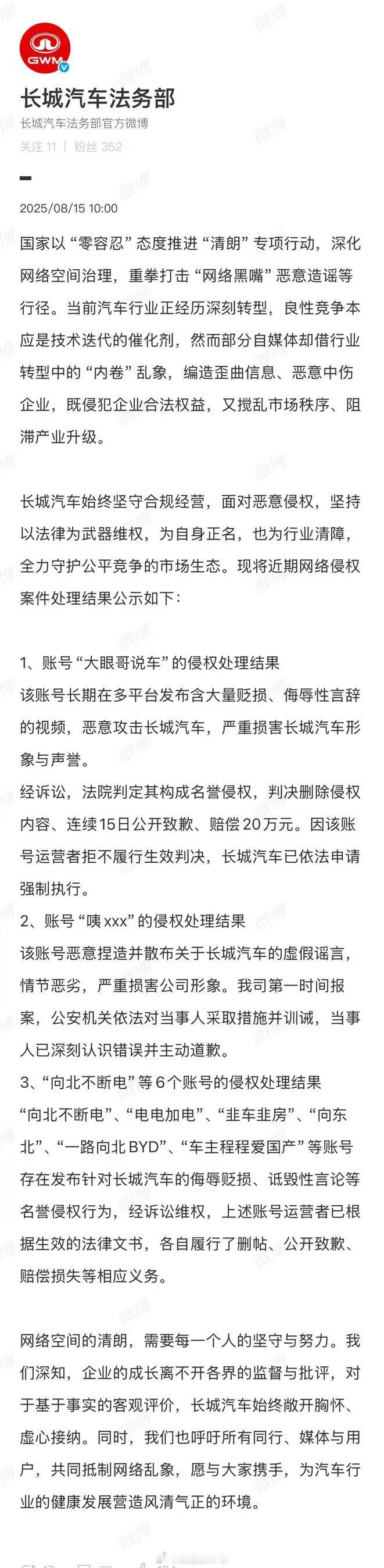 【大眼哥说车被判赔长城汽车20万】长城汽车公布网络侵权案件结果8月15日，发文：