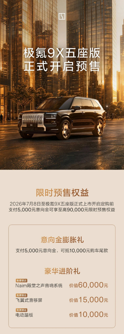 极氪 9X 五座版开始预售了。没有给出预售价，只公布了一些预售权益，免费送 Na