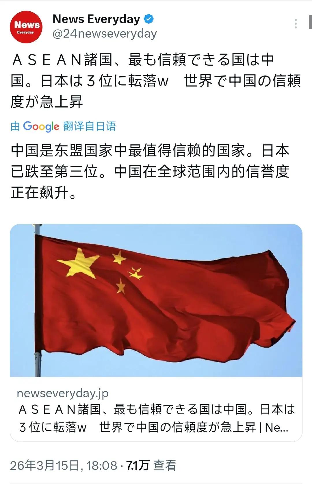 日本媒体（日媒今晚）报道：“中国是东盟国家中最值得信赖的国家。日本已跌至第三位。