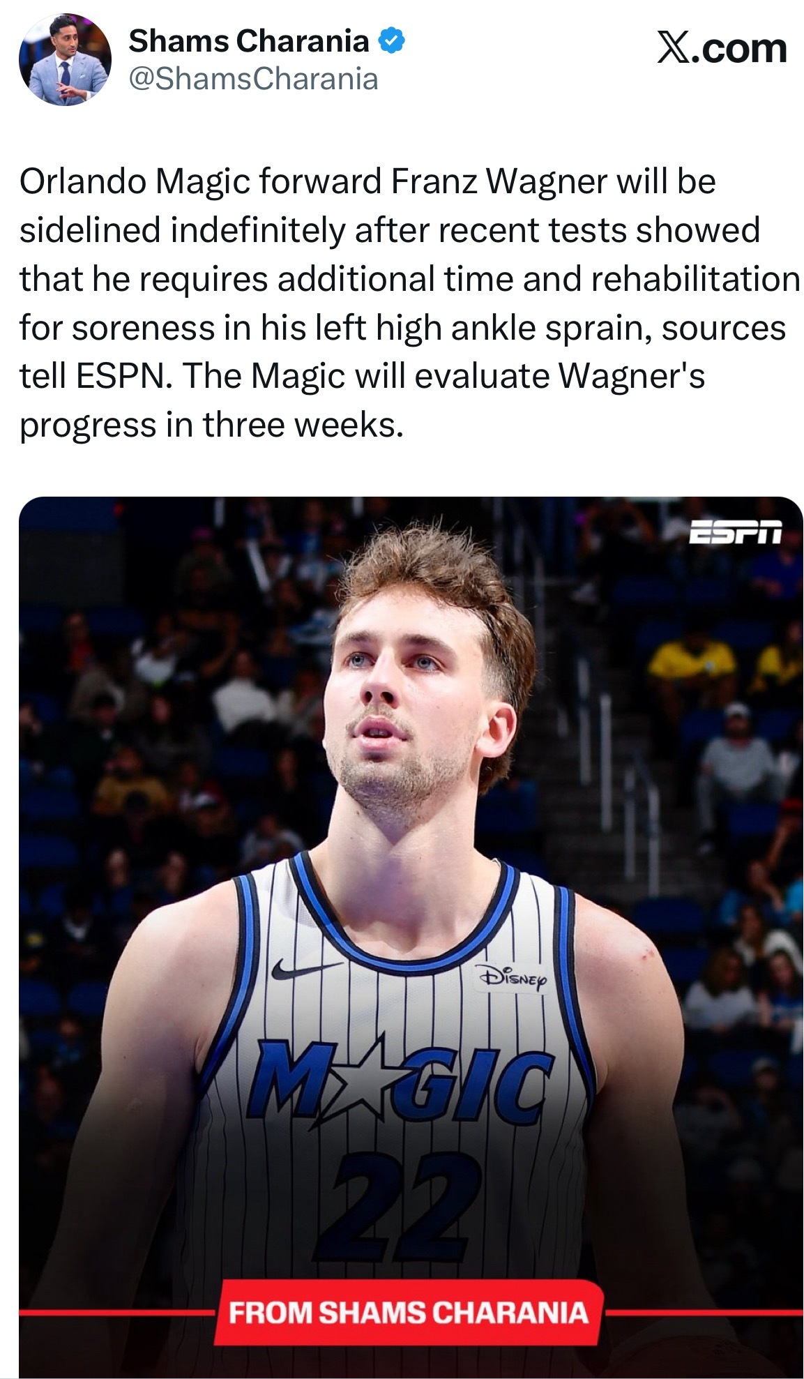 Shams：弗朗茨·瓦格纳将无限期缺阵。近期检查结果显示，他的左脚高位踝关节扭伤