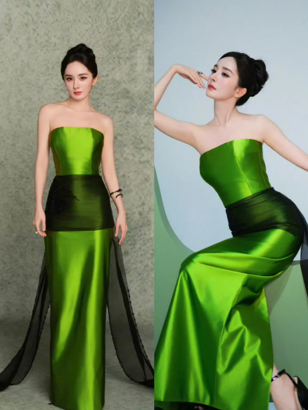 杨幂白玉兰造型出图，绿色礼服太亮眼啦