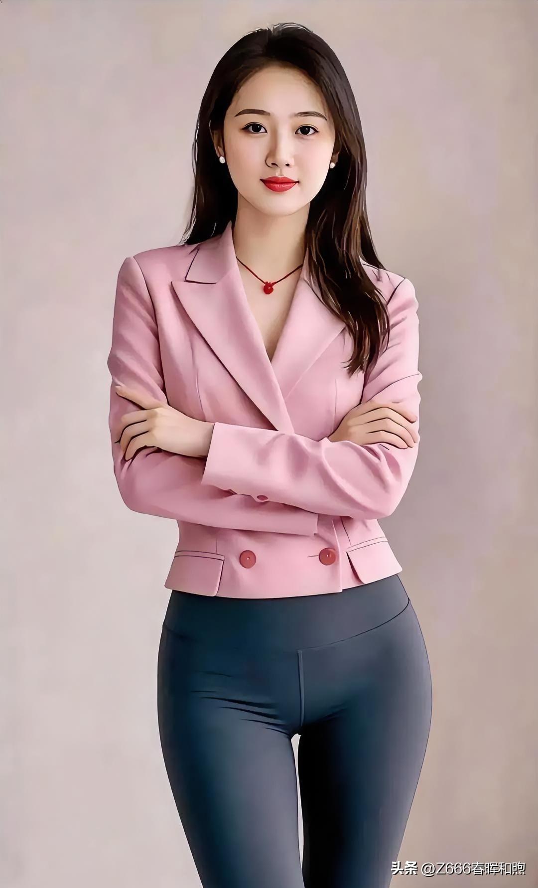 藕粉色西装修饰曼妙身姿，内敛中透着柔韧力量。双臂交叠自信从容，一抹红韵点缀颈间，