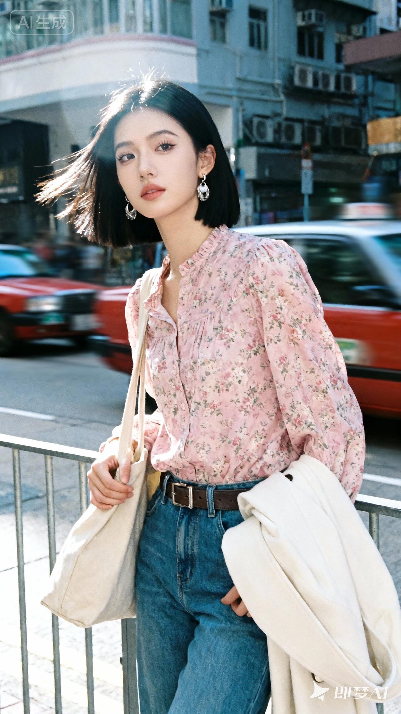 都市风穿搭里，粉色印花衬衫搭配牛仔裤简直绝了。像粉色衬衫搭阔腿牛仔裤，春日甜酷风