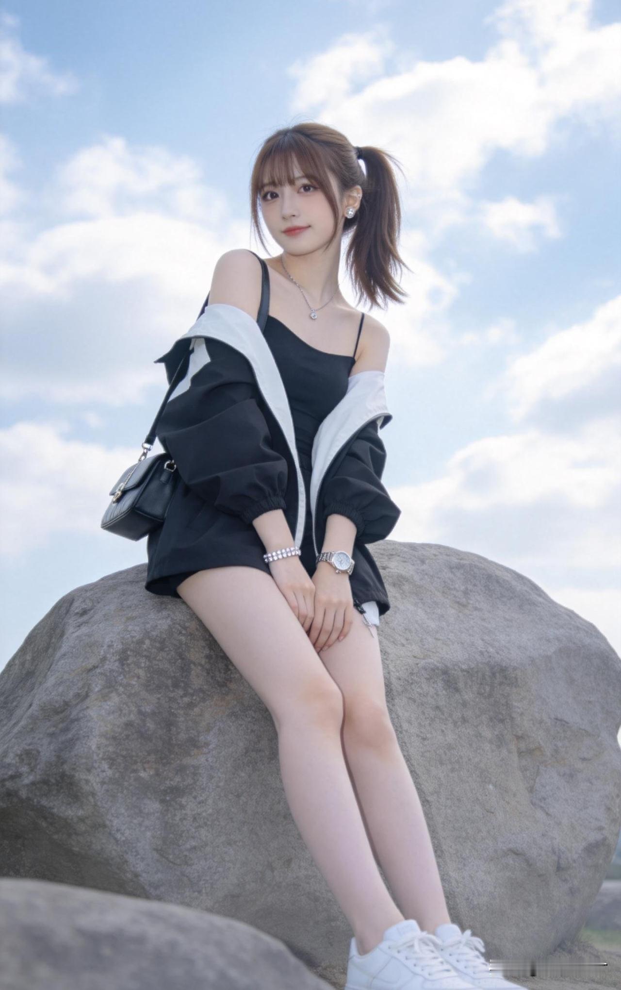 这姑娘坐在石头上，穿得很时髦。
