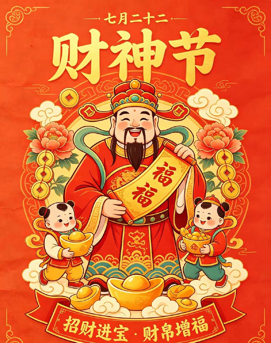 七月二十二，财神节，招财进宝，财帛增福。💰财神节主要有正月初五和七月二十二两个