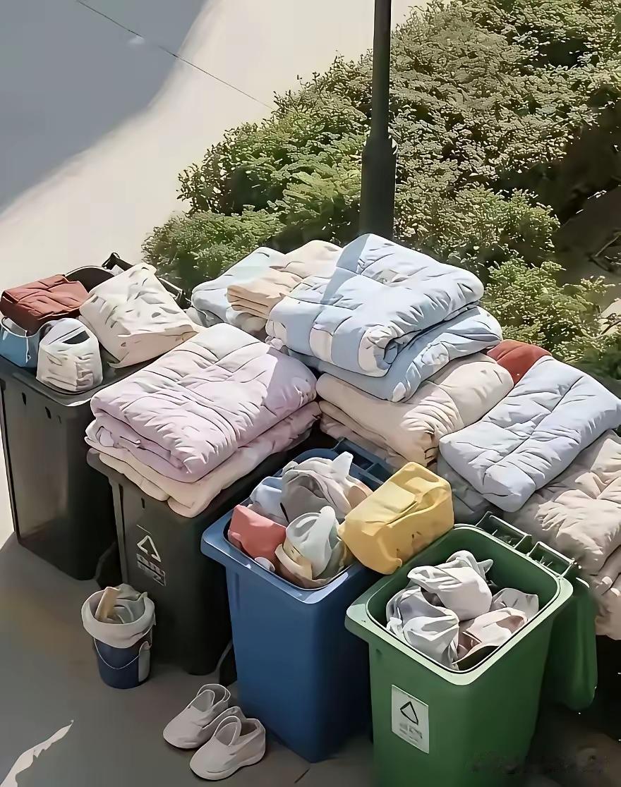 学生毕业季学校门前的垃圾桶和学生担挑背驮的行囊怎么看？