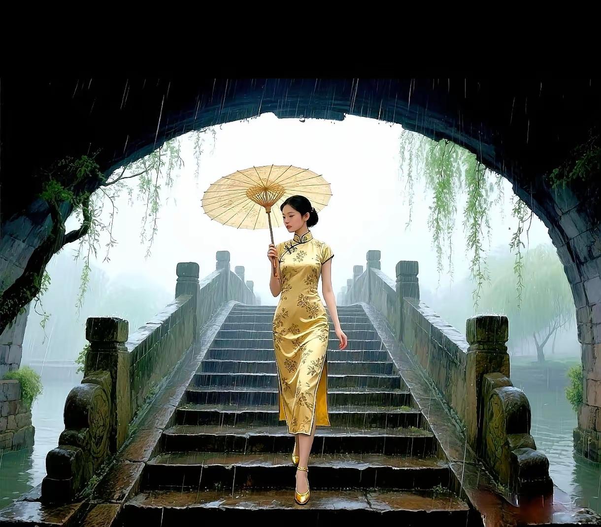 雨中漫步，撑伞漫步在古桥上，感受江南水乡的诗意与浪漫。