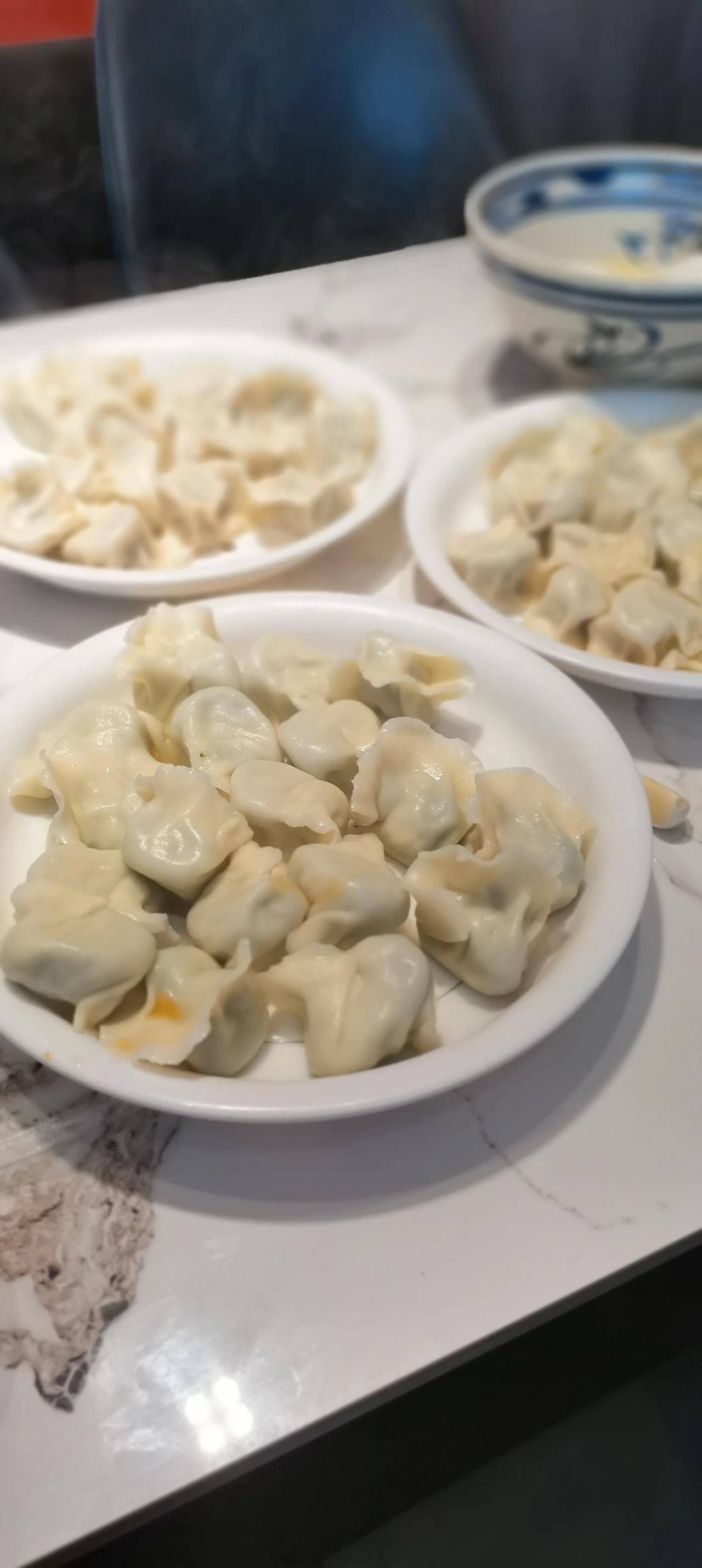 东北饺子那可真是一绝。今天吃的是芹菜猪肉和韭菜虾仁馅的，典型的元宝饺子，煮出来圆