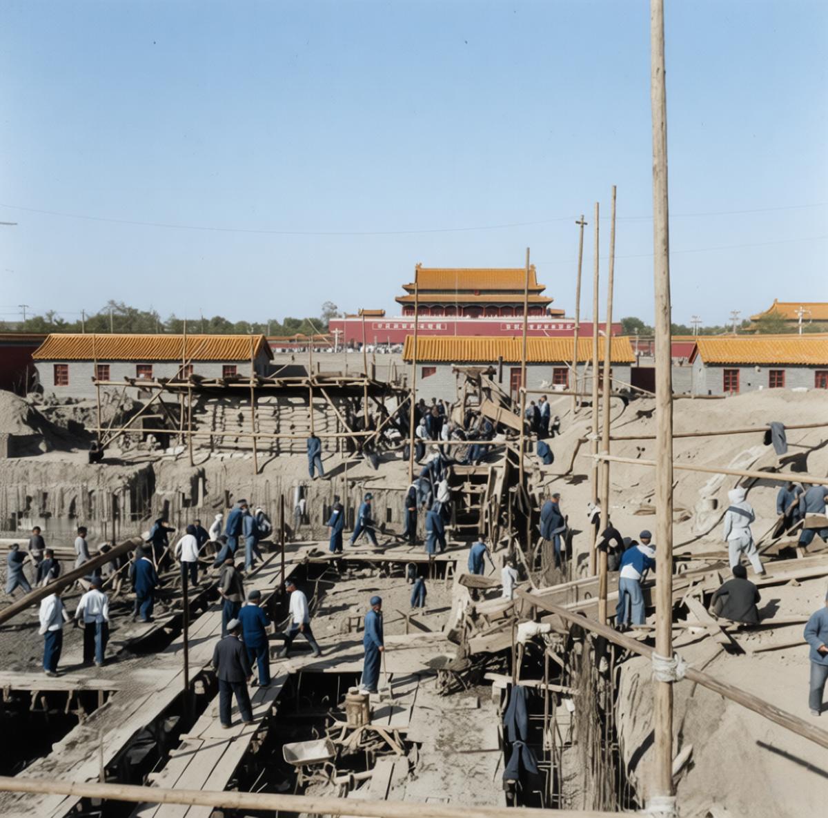 1957年4月，人民英雄纪念碑地大型基坑施工现场，密密麻麻的工人分布在脚手架与木