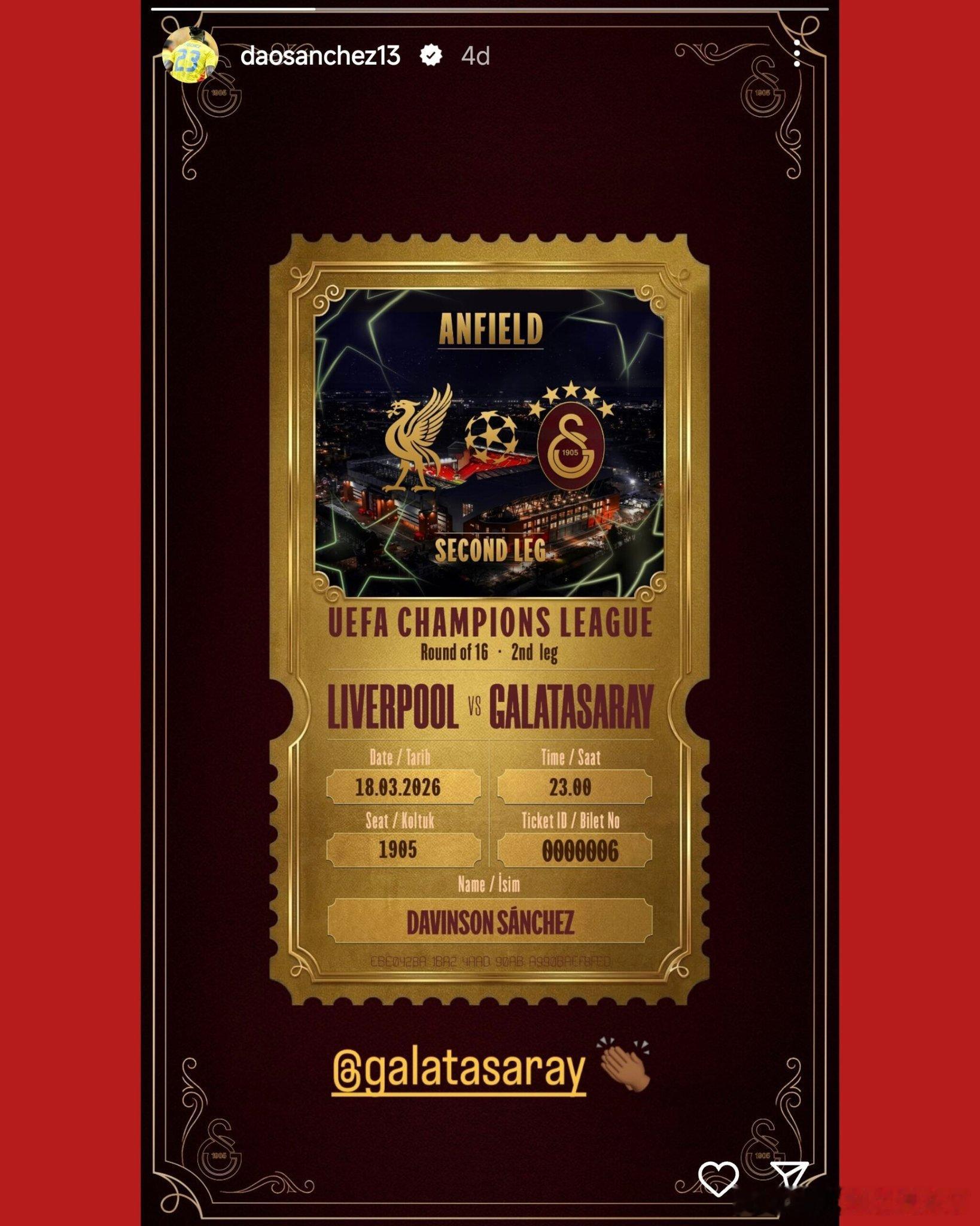 停赛将缺席与利物浦比赛的加拉塔萨雷球员桑切斯制作了一张纪念球票。 