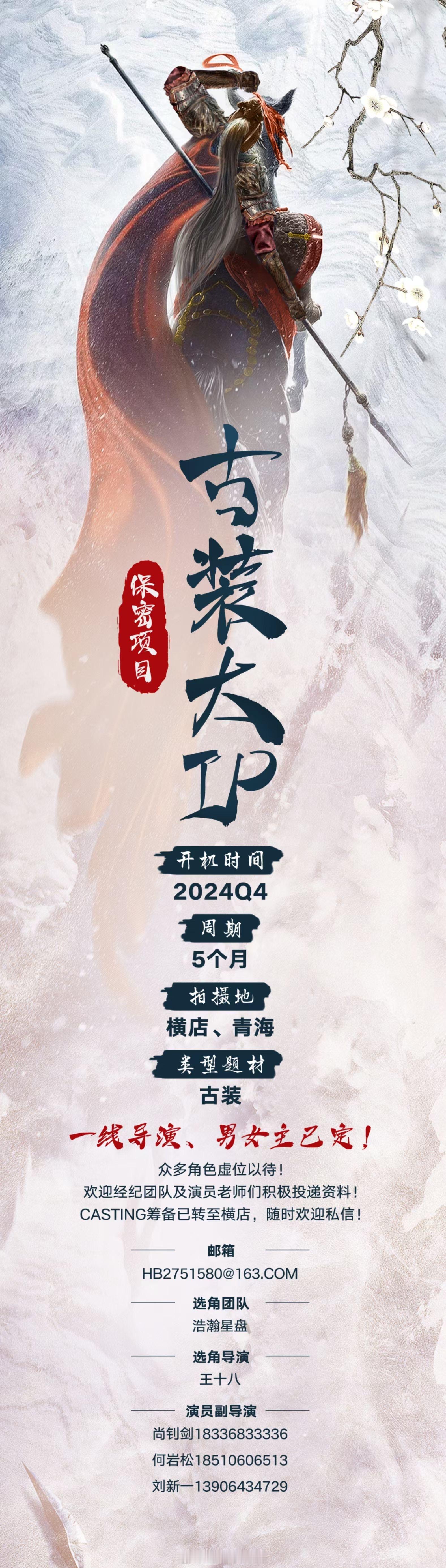 古装大ip 组讯一线导演、男女主已定题材：传奇、落地开机时间：2024年Q4拍摄