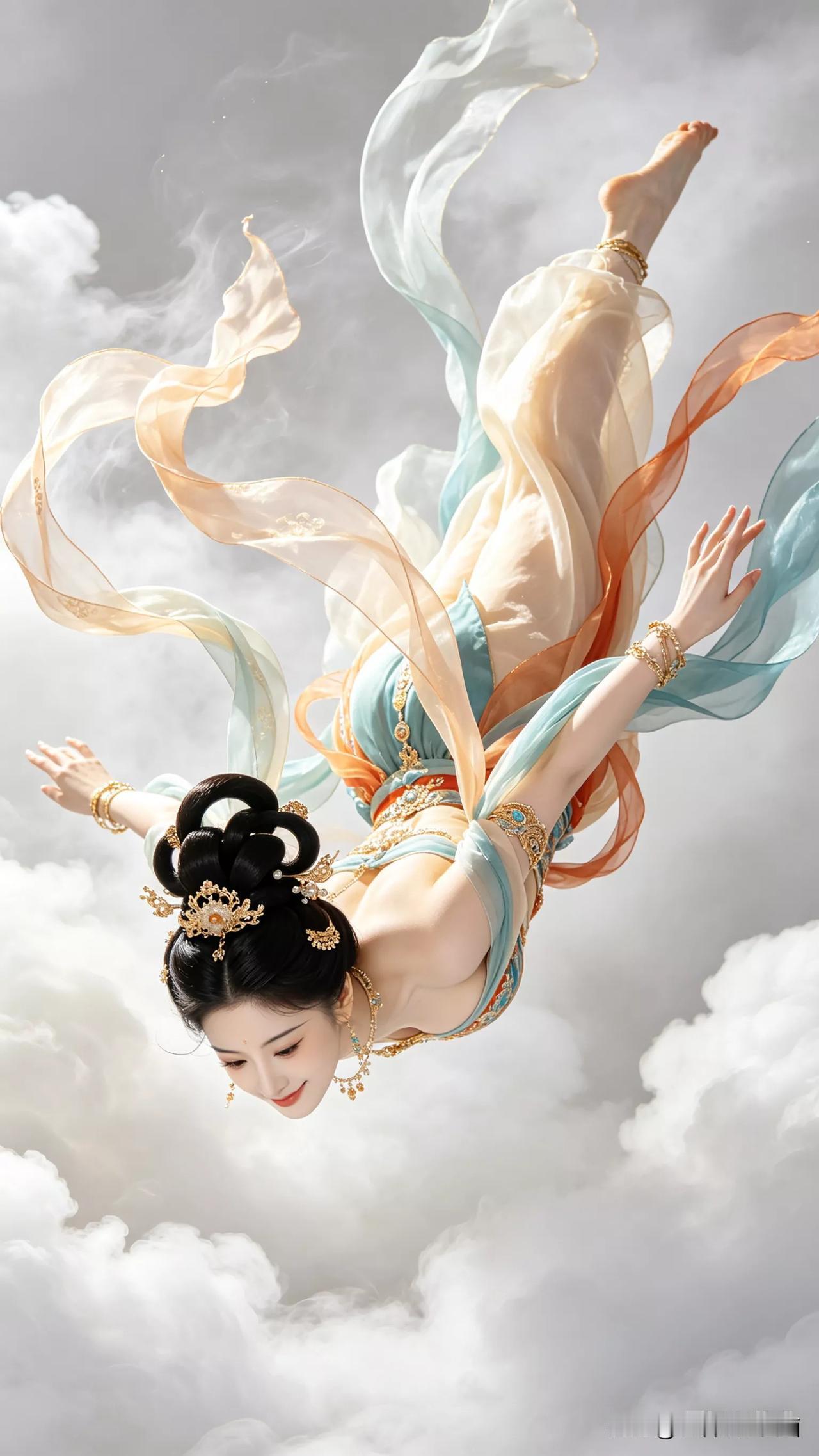 仙气飘飘的仙女在云端起舞，美不胜收！敦煌仙佛飞天美女，张立启原创书画AI作品古仕