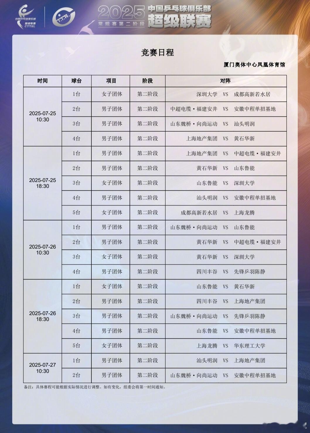 2025乒超联赛厦门站对阵表！ ​​​