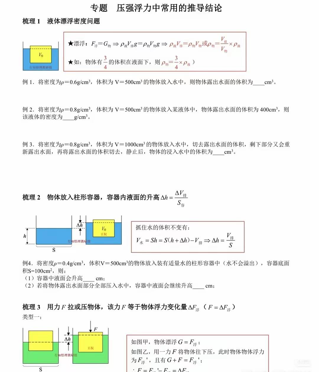 压强浮力常用推导结论