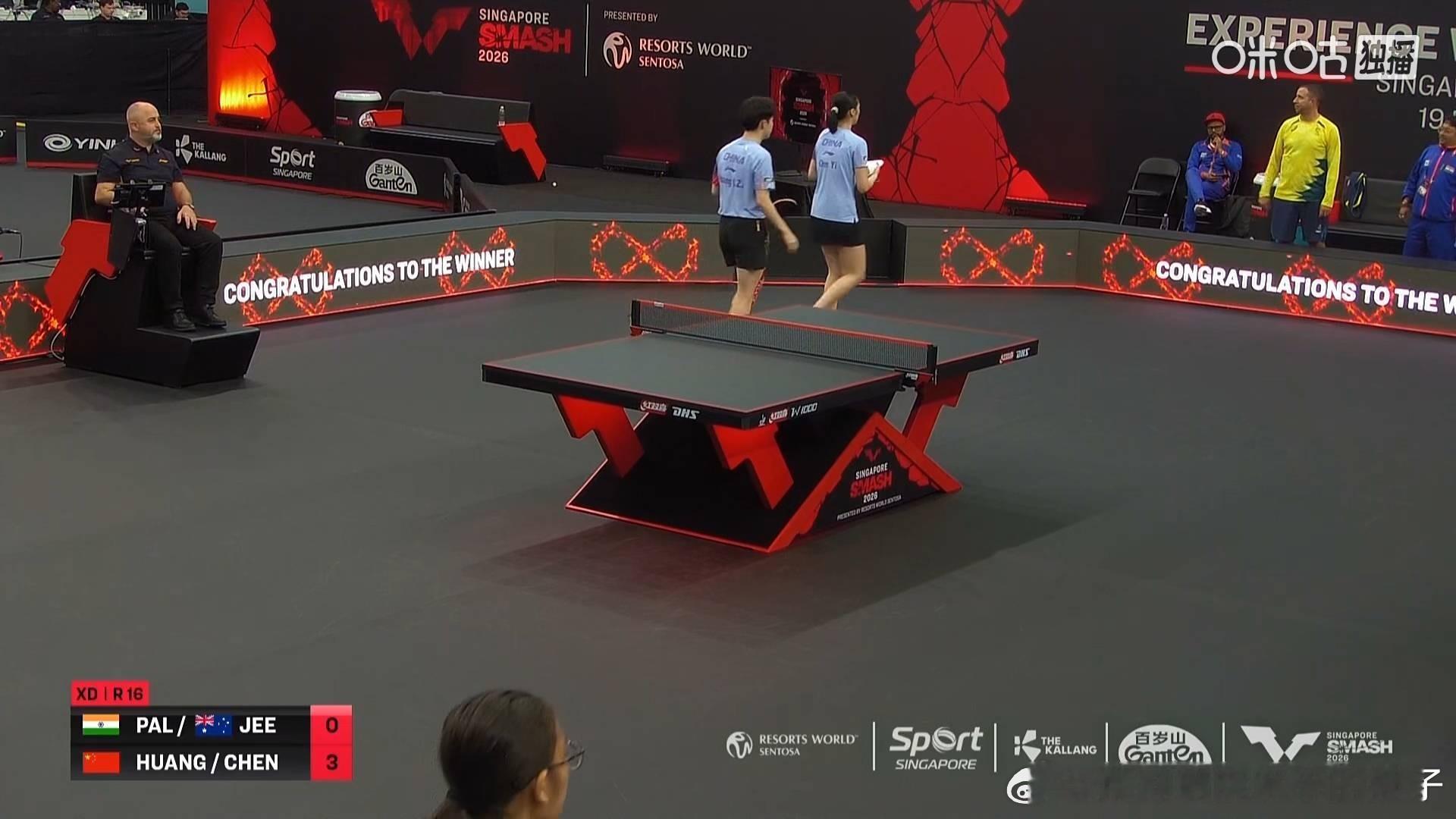 黄友政陈熠3比0帕尔池旼亨（6，2，4）晋级2026WTT新加坡大满贯混双八强下