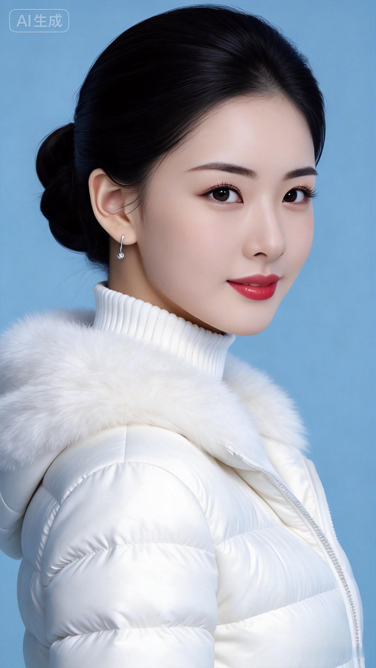 冬日暖阳下的温柔微笑，白色羽绒服搭配精致耳环，尽显优雅气质。
