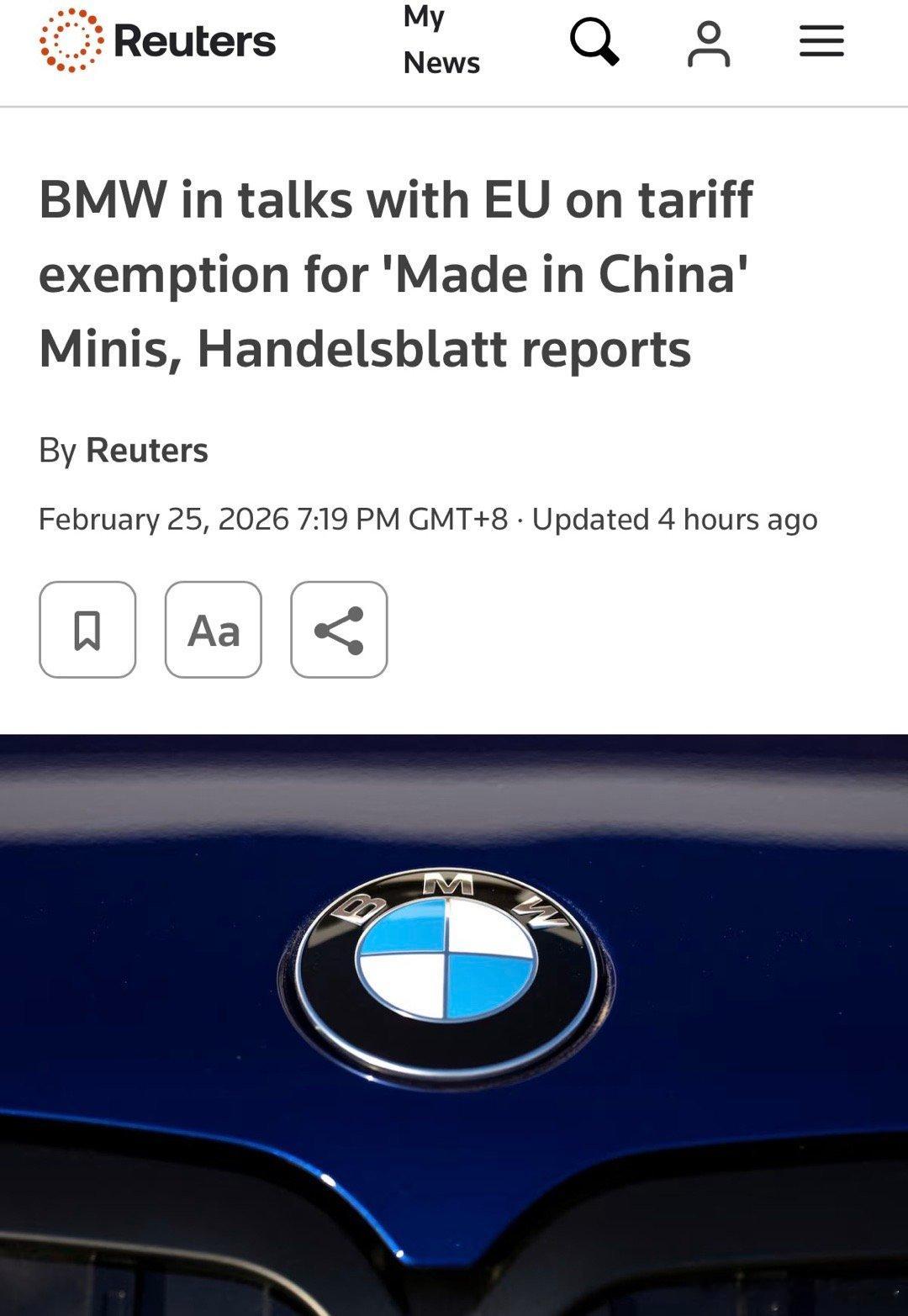 中国产电动宝马MINI有望豁免欧洲关税当地时间2月25 日，路透社引用德国商报，