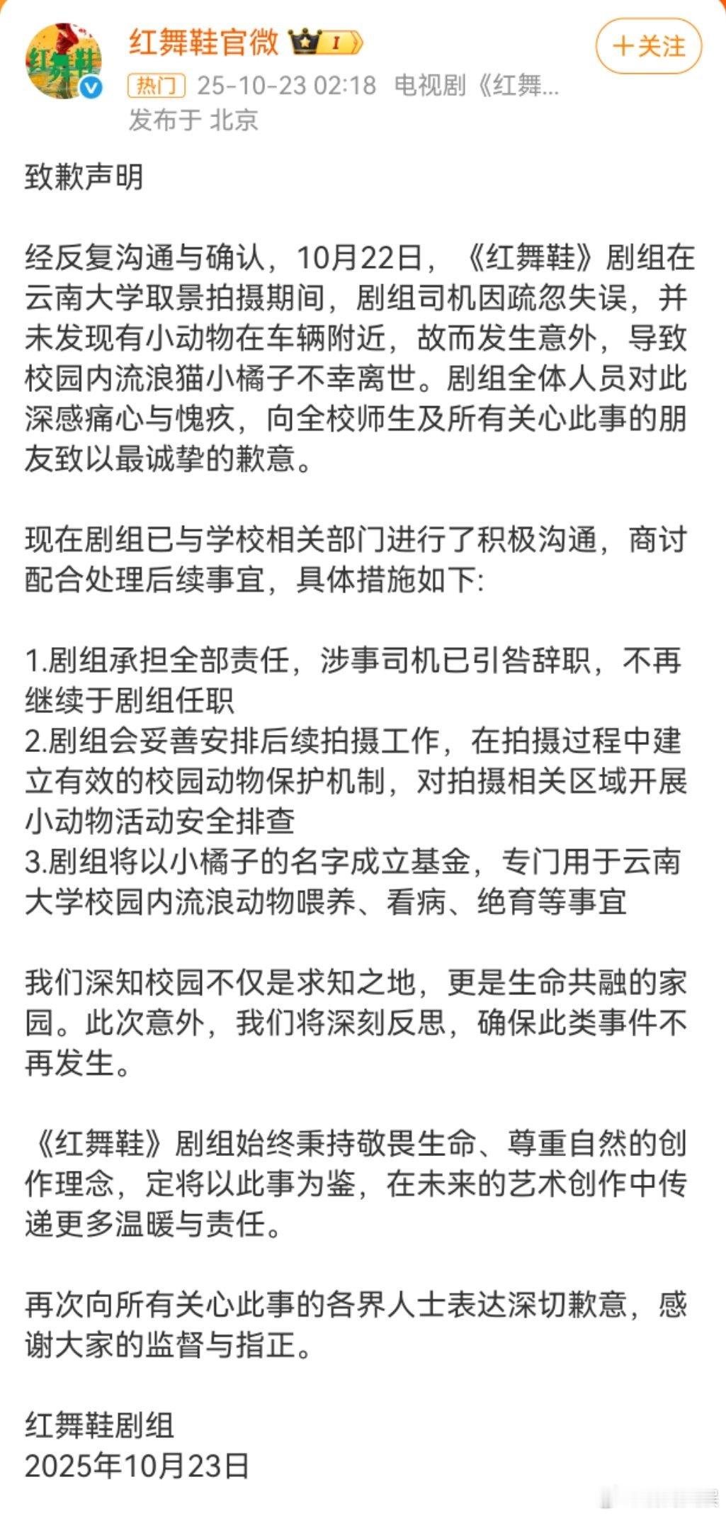红舞鞋剧组回应开车撞死猫红舞鞋致歉声明近日，网传《红舞鞋》剧组车辆将云南大学一只