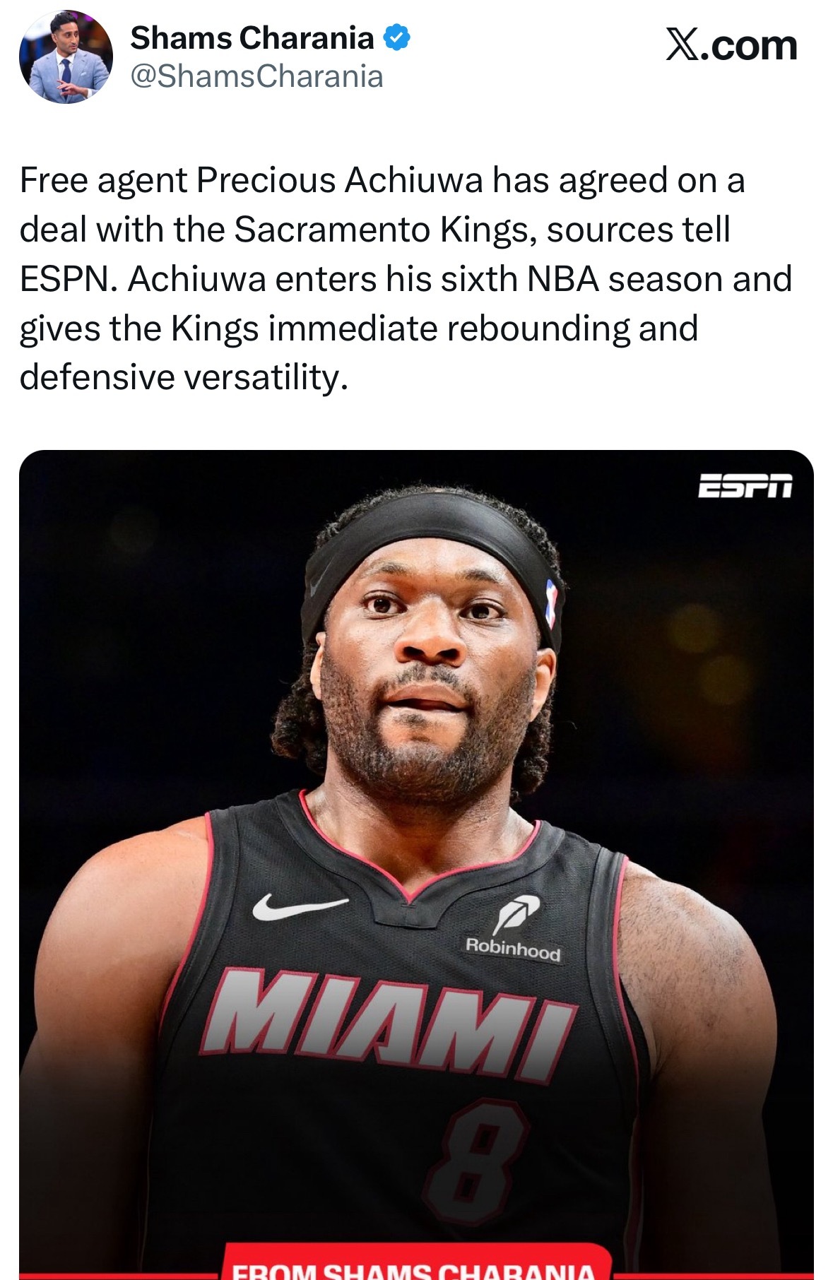 Shams：阿丘瓦签约国王，裁掉二年级中锋艾萨克-琼斯，为签约阿丘瓦腾出位置。 