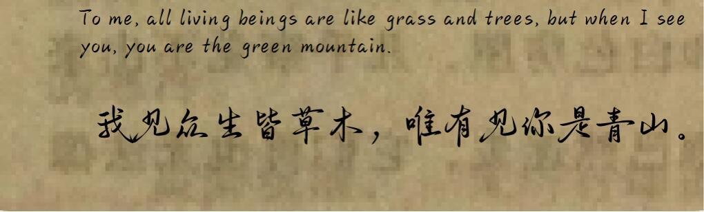 “我见众生皆草木，唯有见你是青山！”出自唐代诗人杜甫的《青山》。意思是，在我眼中