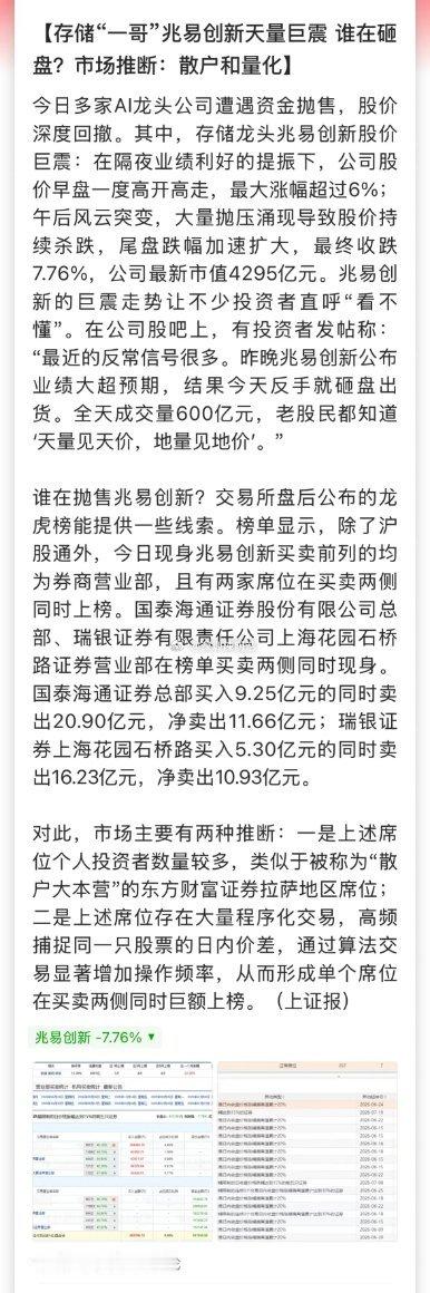 今天兆易创新成交600亿，刷新自身历史天量！看这个这个龙虎榜，全是量化互割，光量