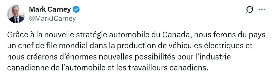 加拿大总理马克.卡尼：多亏了加拿大的新汽车战略，我们将使这个国家成为电动汽车生产