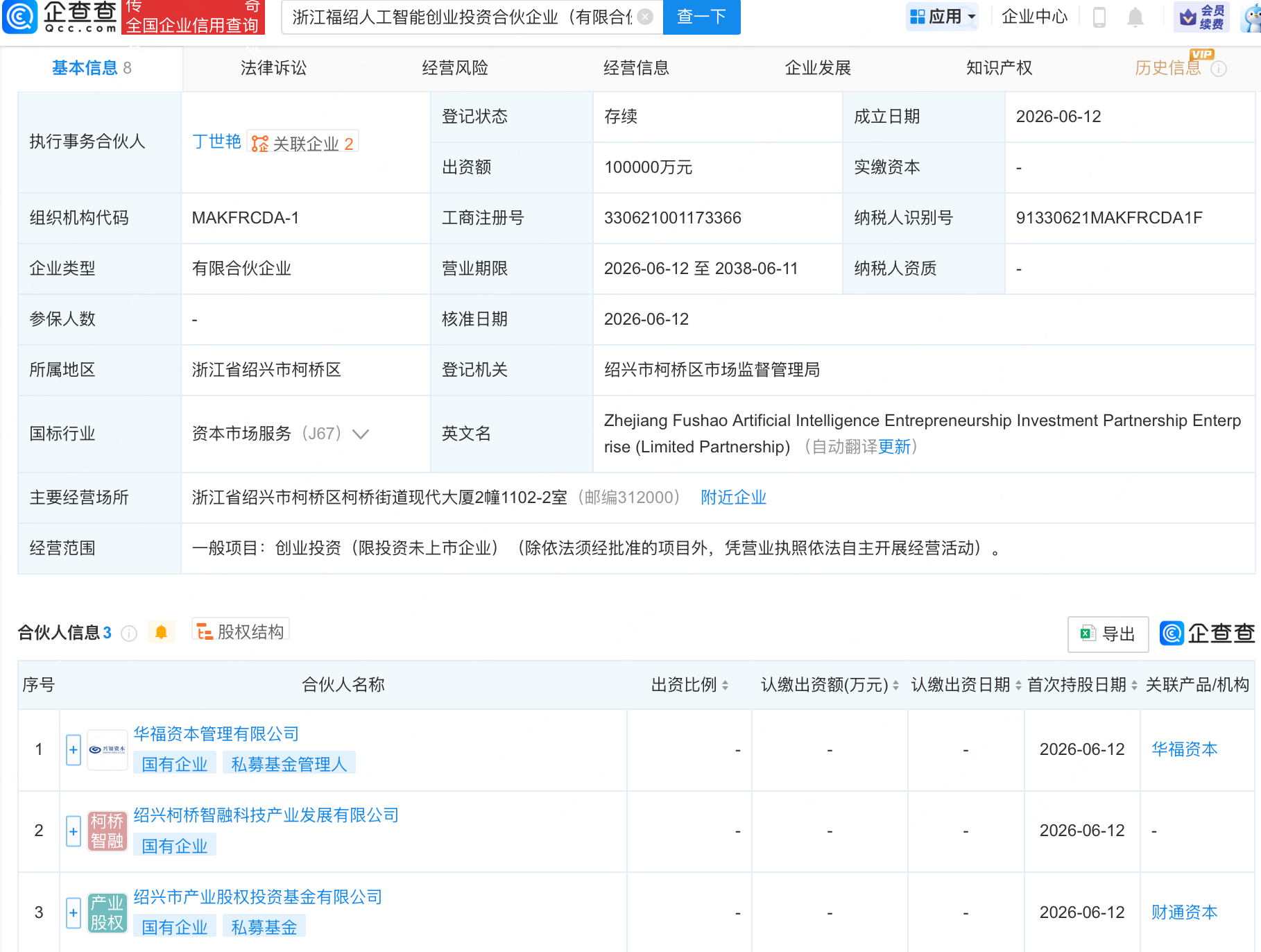 浙江福绍人工智能创投合伙企业登记成立