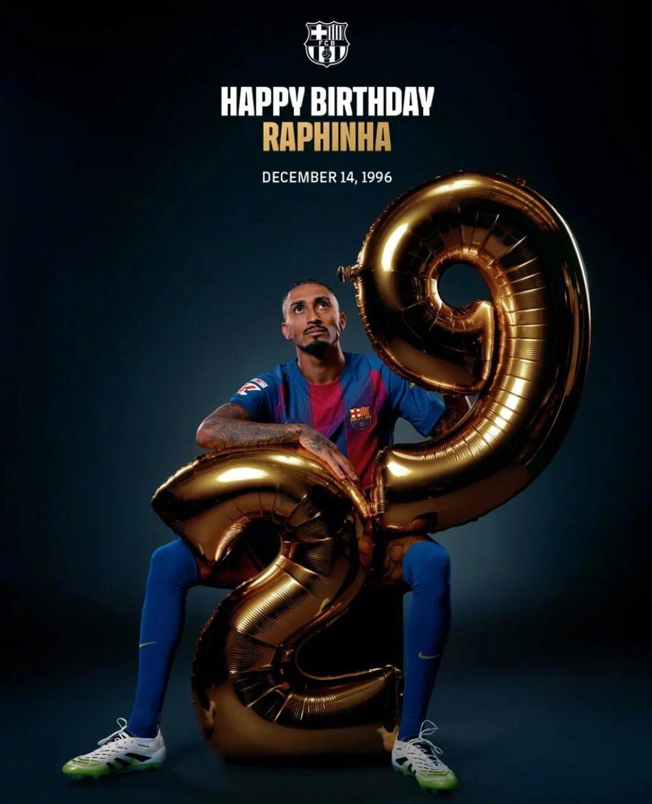 今天是巴塞罗那前锋拉菲尼亚的29岁生日，巴萨官方为他送上祝福。拉菲尼亚2022年