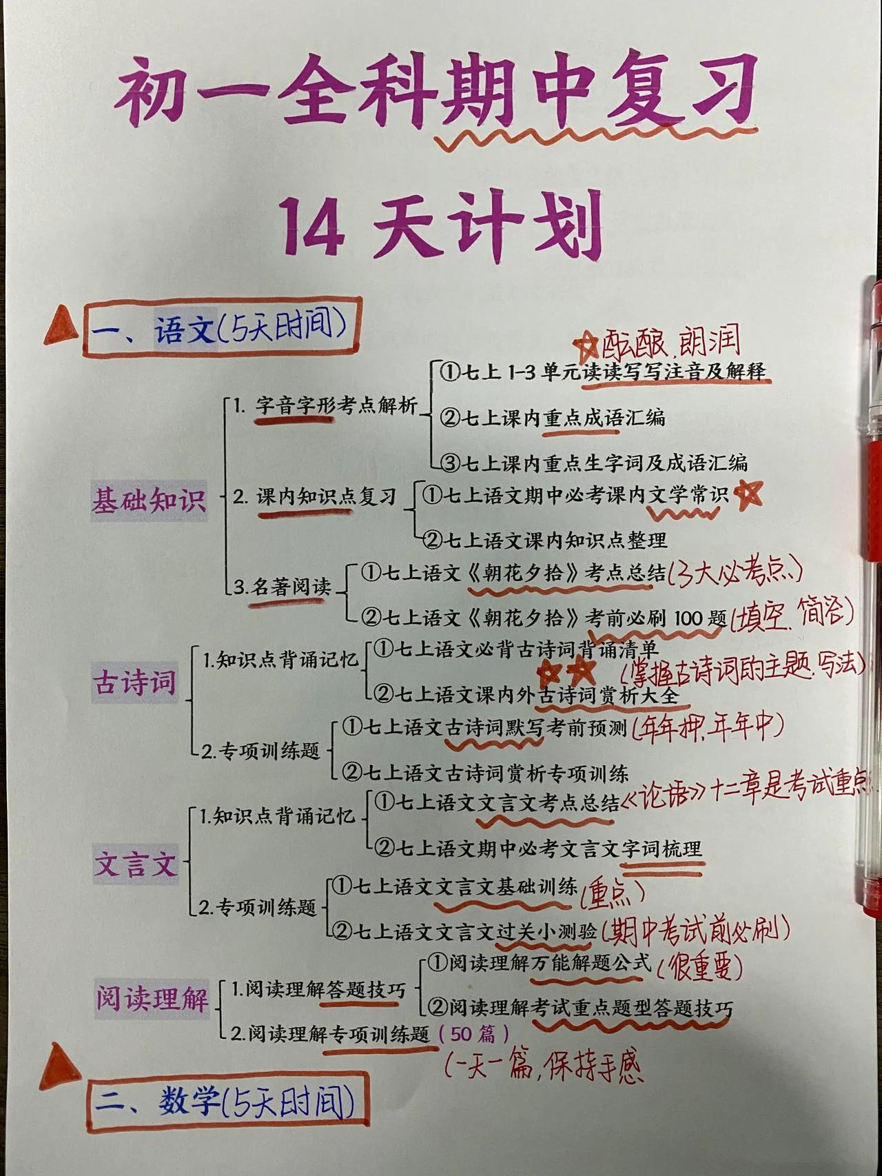 新初一第一次期中考全科复习计划