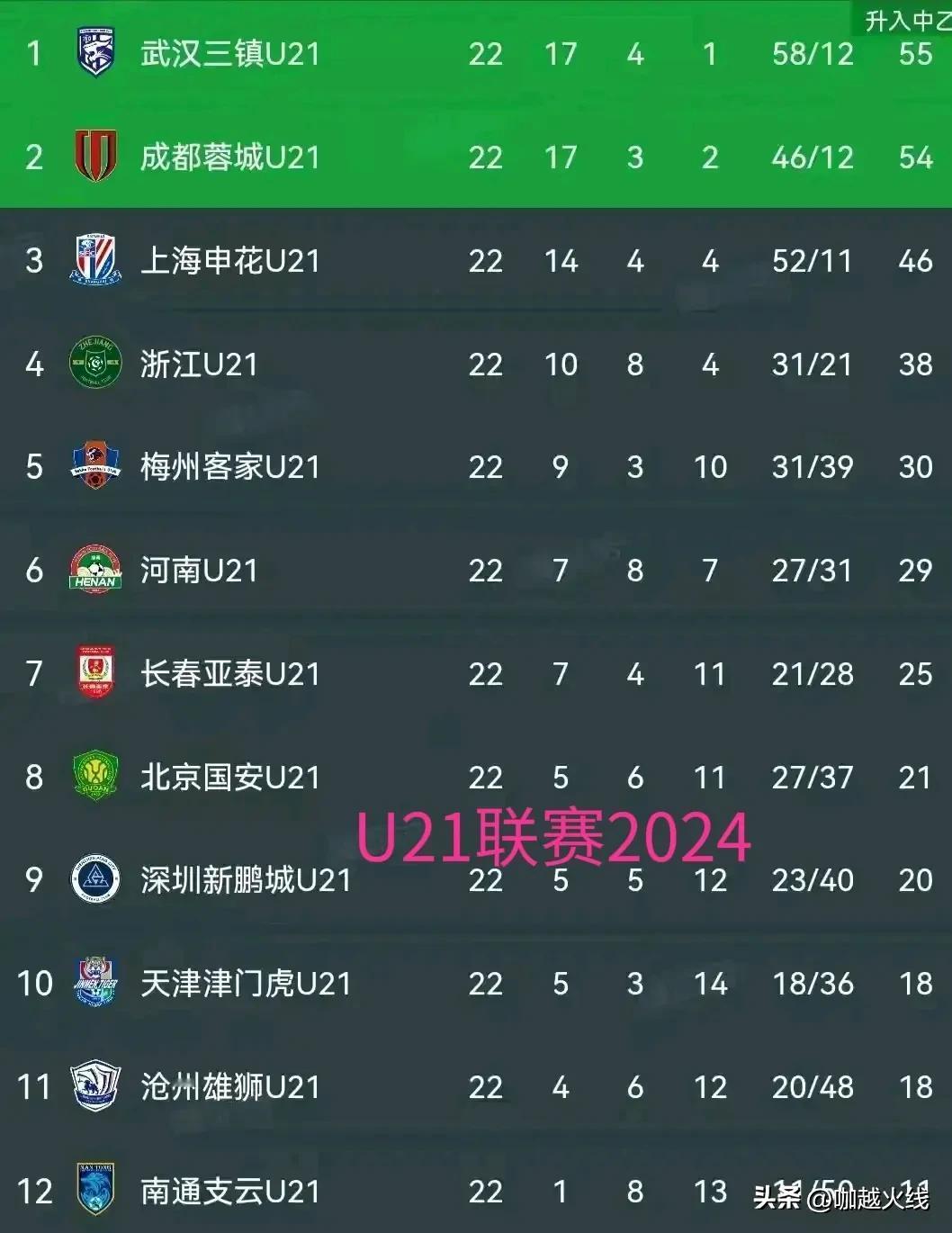 2024赛季的U21联赛落幕，冠、亚军升入中乙，意味着（武汉三镇）、（成都蓉城）