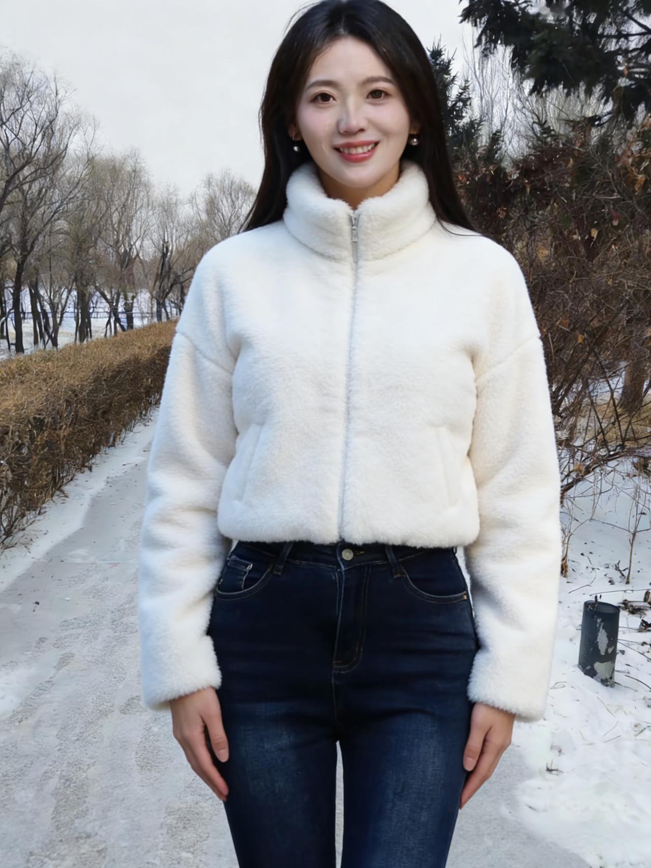 满园寒树玉槎枒，雪径逶迤落素华。
浅黛凝霜描秀色，轻裘御冷衬娇娃。
步随鸿爪印晴