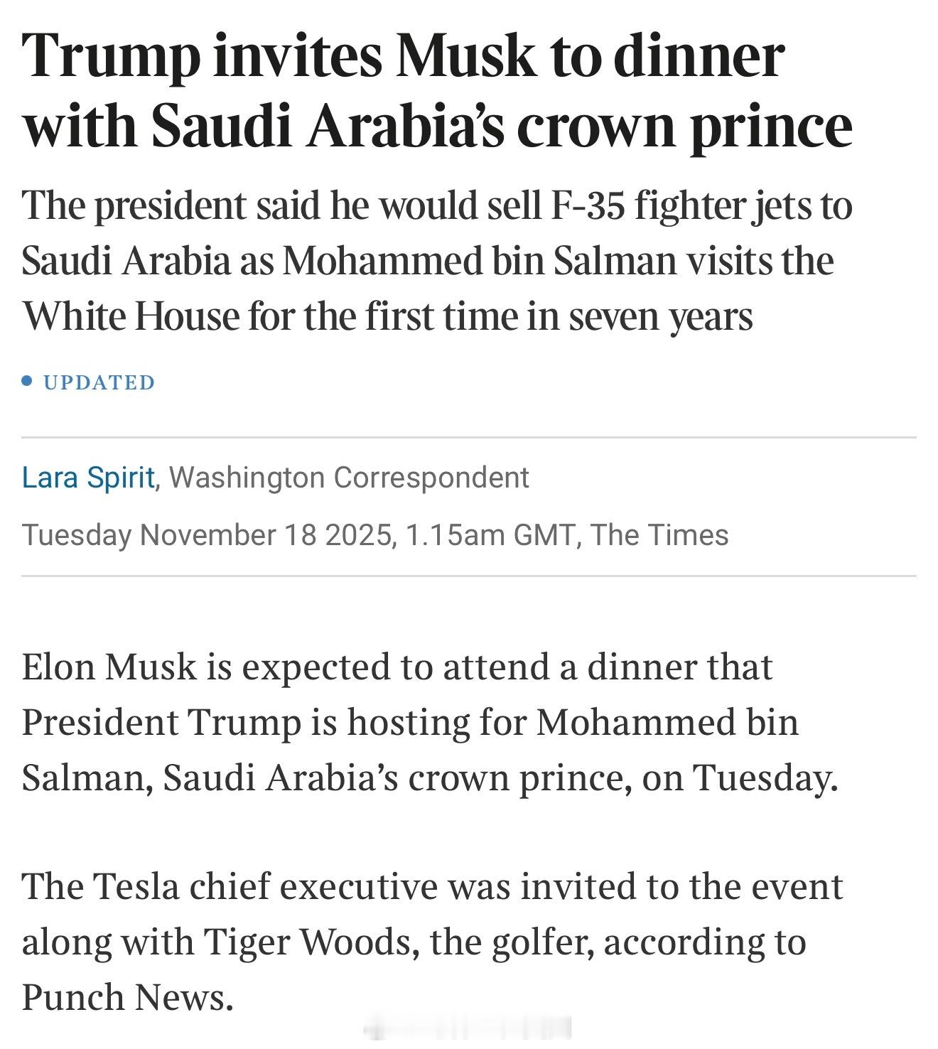 川普邀请老虎伍兹和马斯克参加为MBS举办的晚宴。 另外，明天C罗将到白宫和川普见