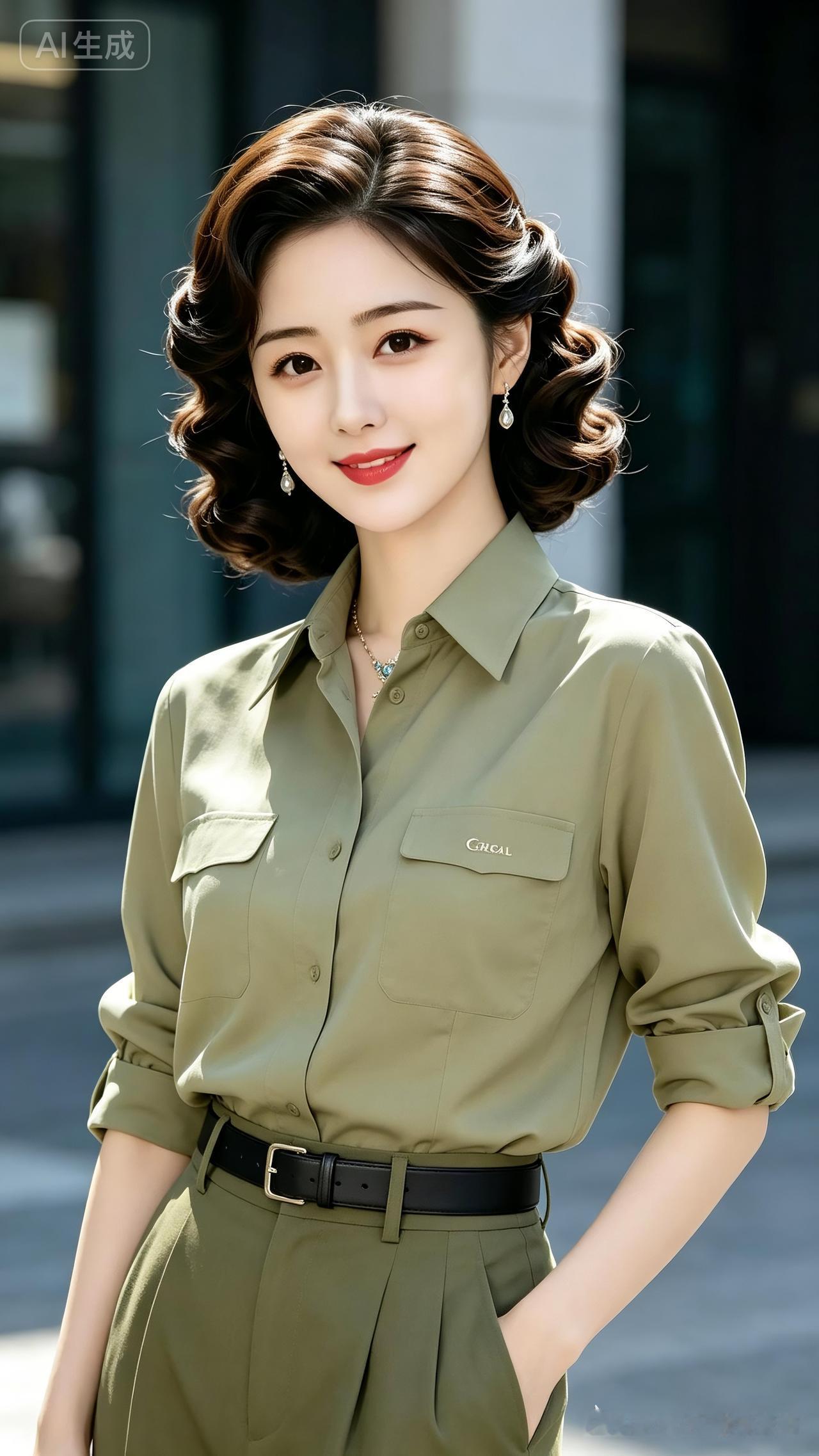 这位女士穿着时尚的军绿色套装，看起来很有气质。